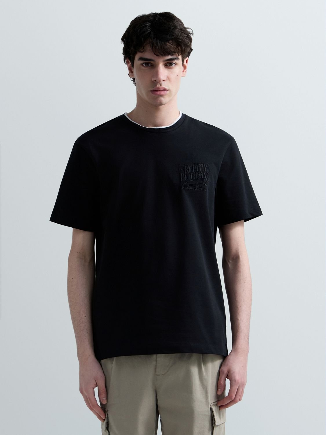 【SALE／10%OFF】REPLAY ヘビーコットンジャージートリムTシャツ リプレイ トップス カットソー・Tシャツ ブラック ベージュ【送料無料】
