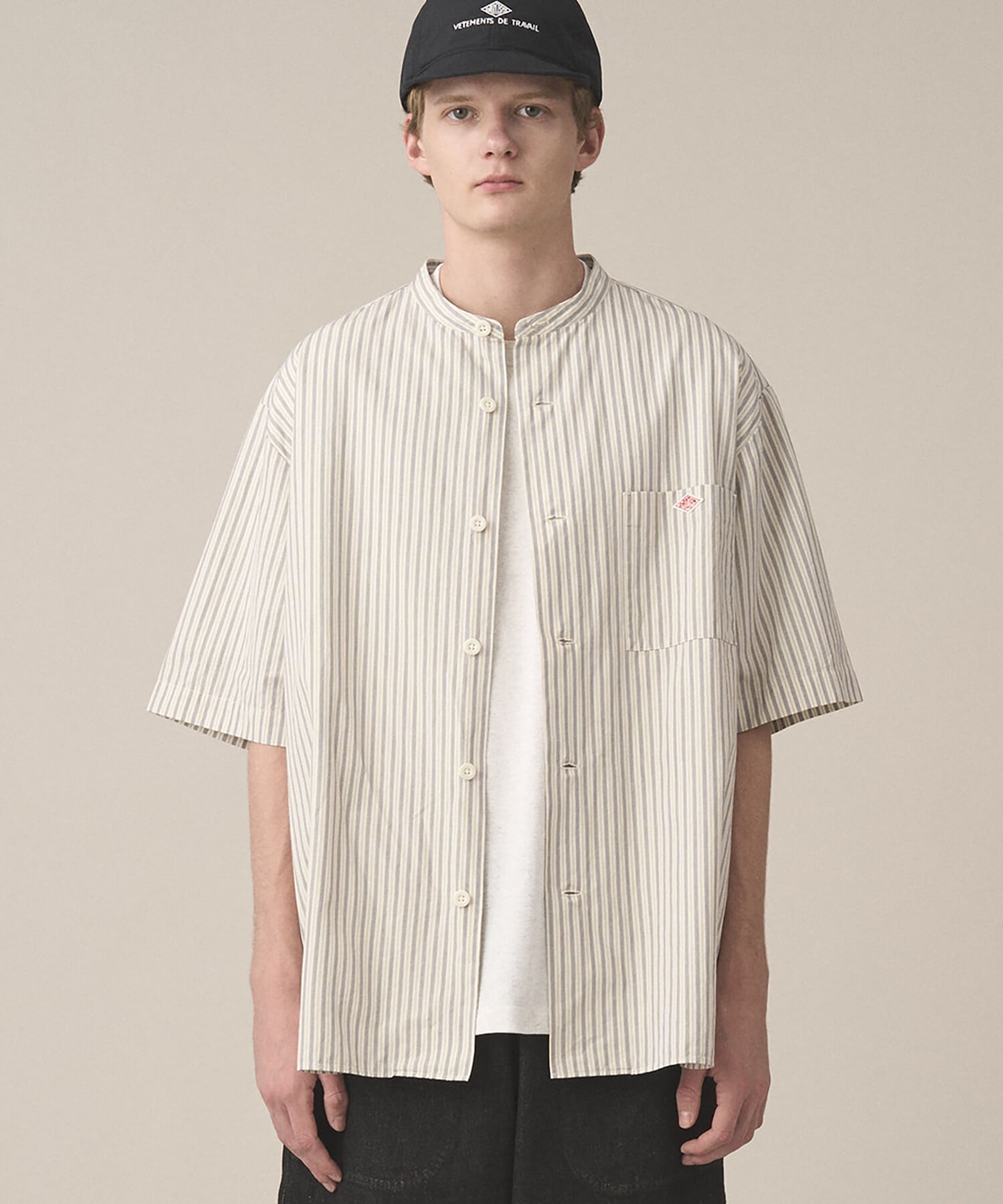 Bshop DANTON ｜ コットンリネン バンドカラー半袖シャツ STRIPE MEN ビショップ トップス シャツ・ブラウス ブラウン【送料無料】