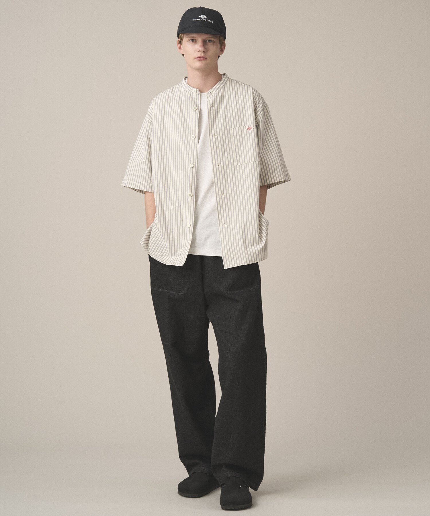 Bshop DANTON ｜ コットンリネン バンドカラー半袖シャツ STRIPE MEN ビショップ トップス シャツ・ブラウス ブラウン【送料無料】
