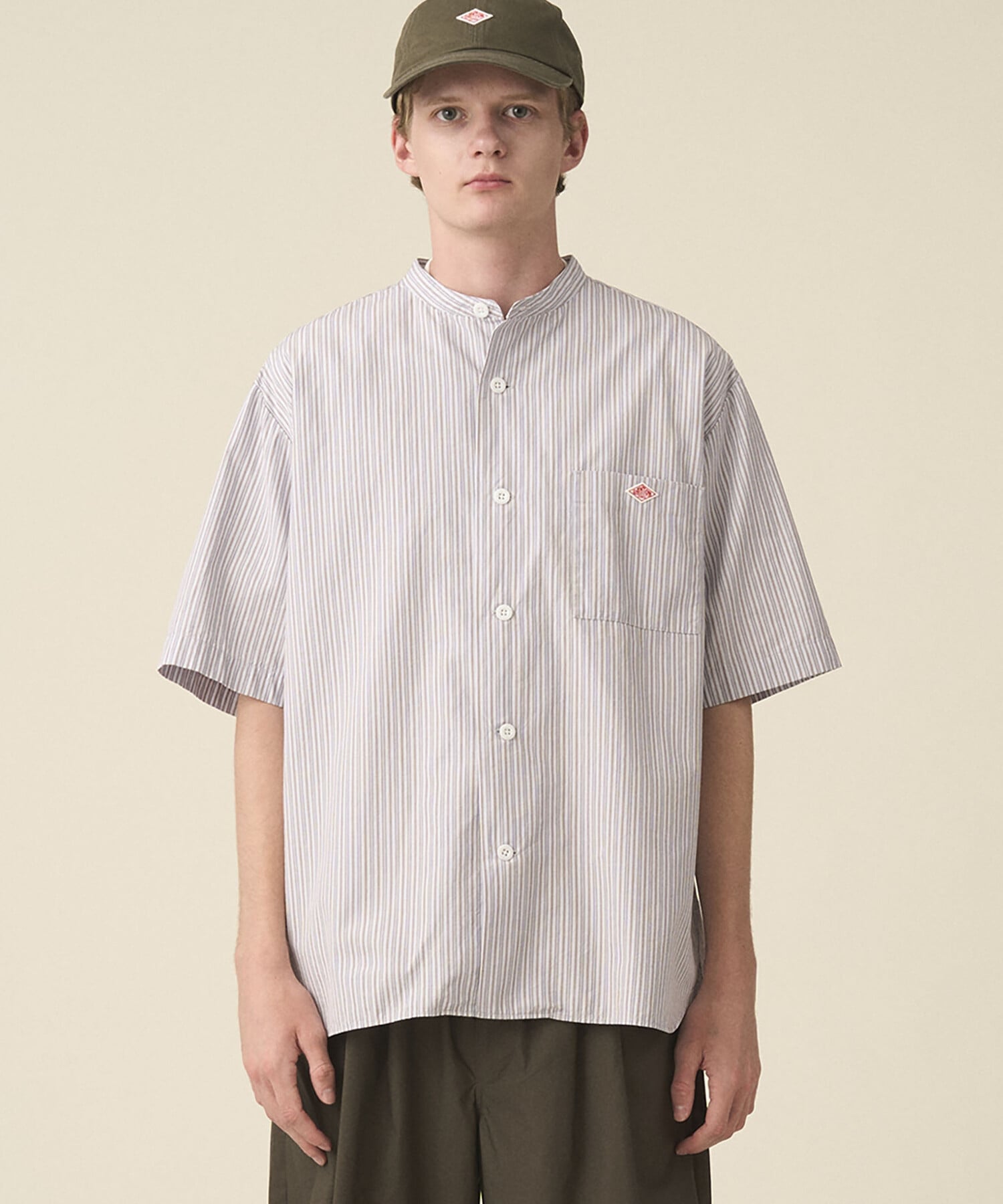 Bshop DANTON ｜ コットンリネン バンドカラー半袖シャツ STRIPE MEN ビショップ トップス シャツ・ブラウス ブラウン【送料無料】