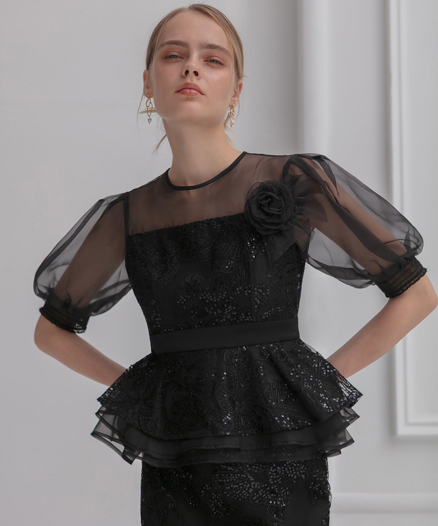 【SALE／30%OFF】Leja LEJA-ローズペプラムIラインワンピースドレス結婚式オケージョンレディース レジャ ワンピース・ドレス ドレス グレー ブラック【送料無料】