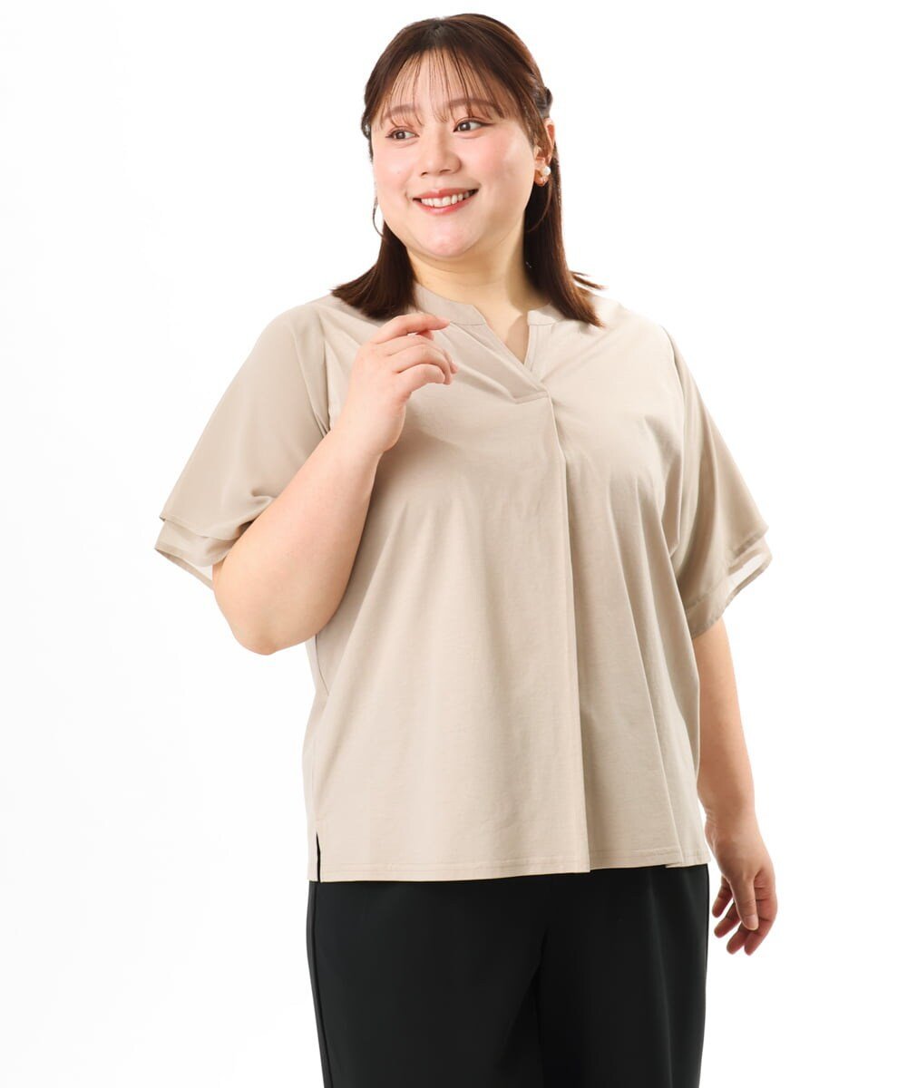 【大きいサイズ】シア-スリーブカットソー エウルキューブ トップス カットソー・Tシャツ グレー ブラック