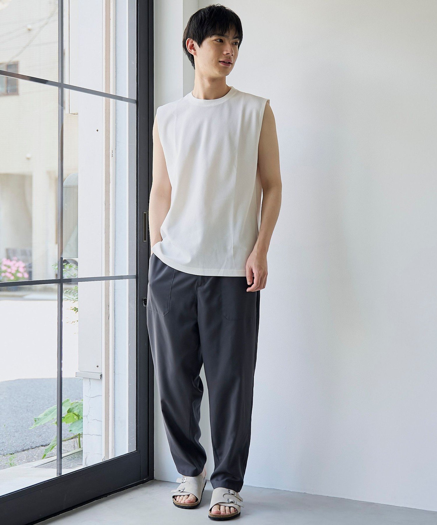 【形態回復性・ストレッチ性】SOLOTEX(R) ワッフルノースリーブTシャツ コーエン トップス カットソー・Tシャツ グレー ホワイト