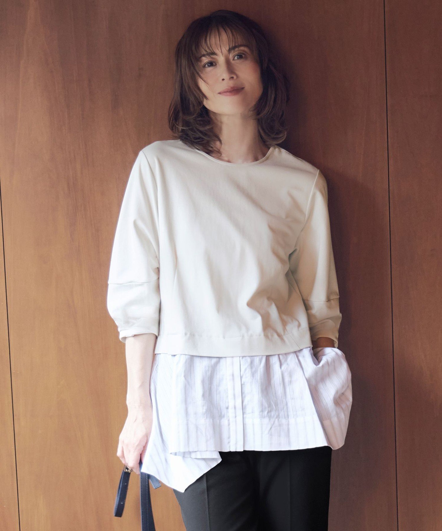 自由区 S 【洗える】カラミストライプコンビジャージ トップス ジユウク トップス カットソー・Tシャツ ネイビー ベージュ