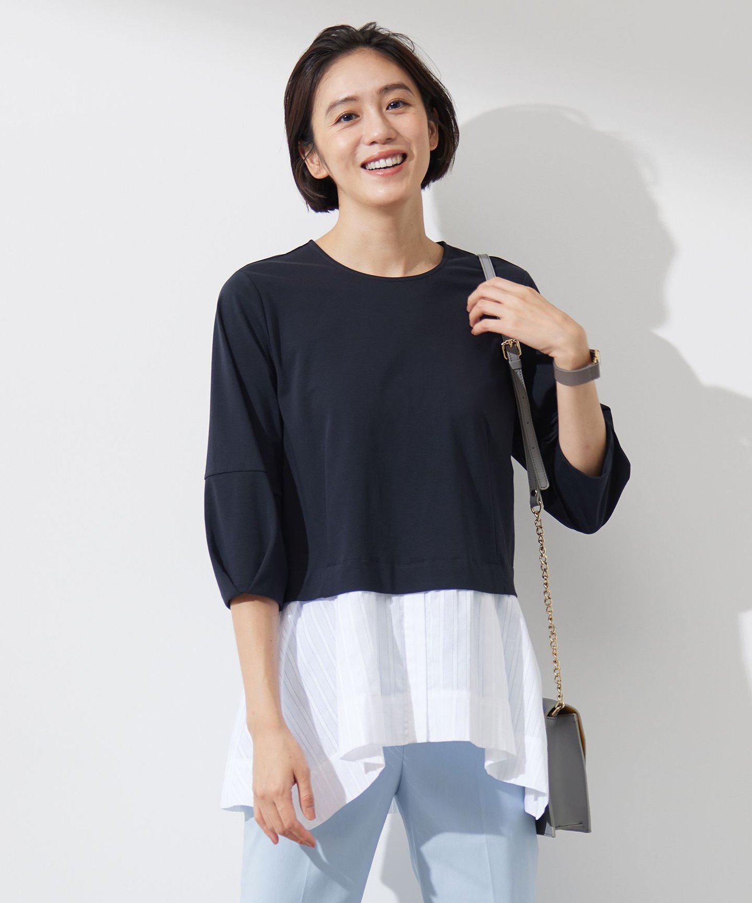 自由区 S 【洗える】カラミストライプコンビジャージ トップス ジユウク トップス カットソー・Tシャツ ネイビー ベージュ