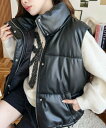 【SALE/40%OFF】moment+ フェイクソフトレザースタンドカラーファイバーダウンベスト モーメントプラス ジャケット・アウター ダウンジャケット・ダウンベスト ホワイト シルバー ブラック