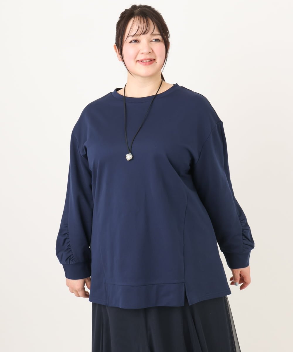 【大きいサイズ】袖ギャザーウラケプルオーバー エウルキューブ トップス カットソー・Tシャツ ネイビー グレー