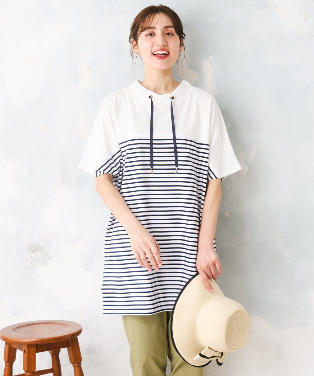 【大きいサイズ】フーディ-風パネルボーダーカットソー エウルキューブ トップス カットソー・Tシャツ ホワイト ブラック