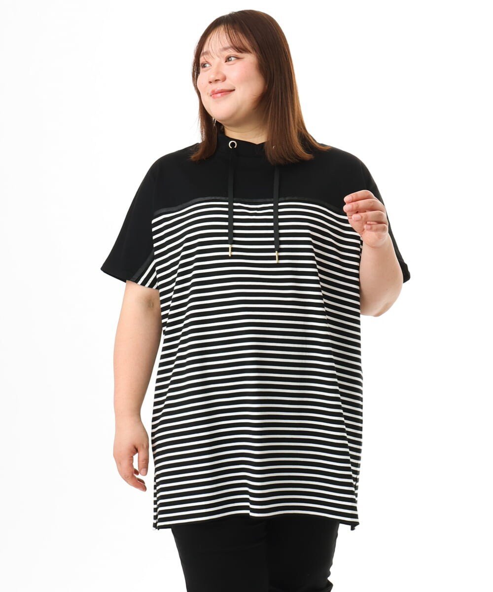 【大きいサイズ】フーディ-風パネルボーダーカットソー エウルキューブ トップス カットソー・Tシャツ ホワイト ブラック