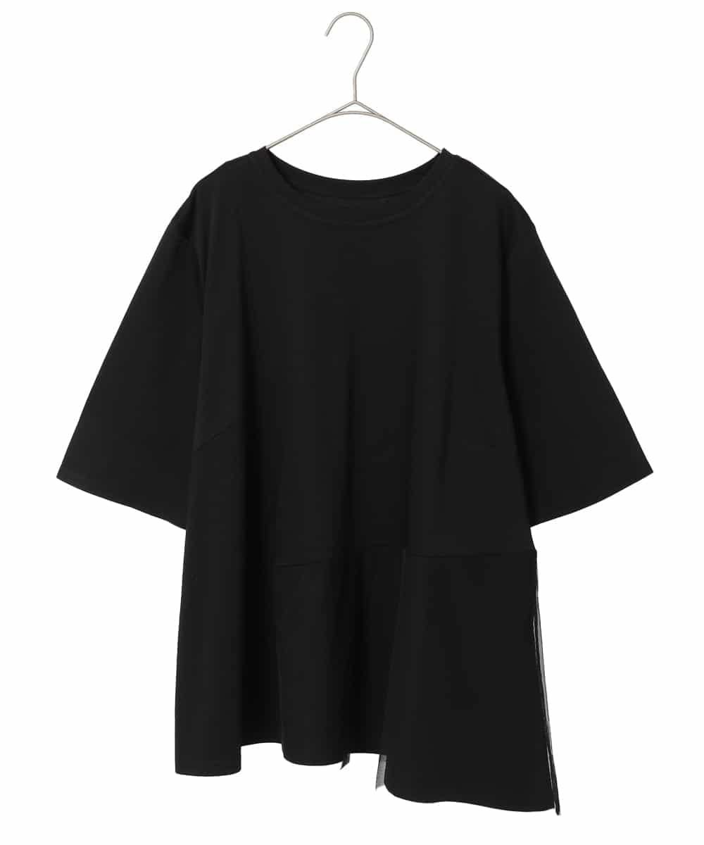 HIROKO BIS GRANDE 【大きいサイズ】チュールジョイントアシンメトリーヘムカットソー /洗える ヒロコ ビス グランデ トップス カットソー・Tシャツ ネイビー ホワイト ブラック