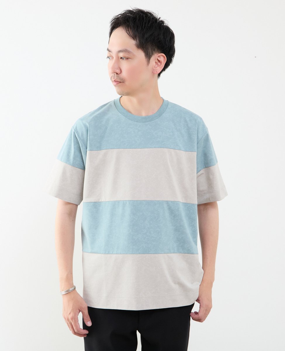 MEN'S MELROSE ムラプリントブロッキングボーダーTシャツ メンズメルローズ トップス カットソー・Tシャツ グレー