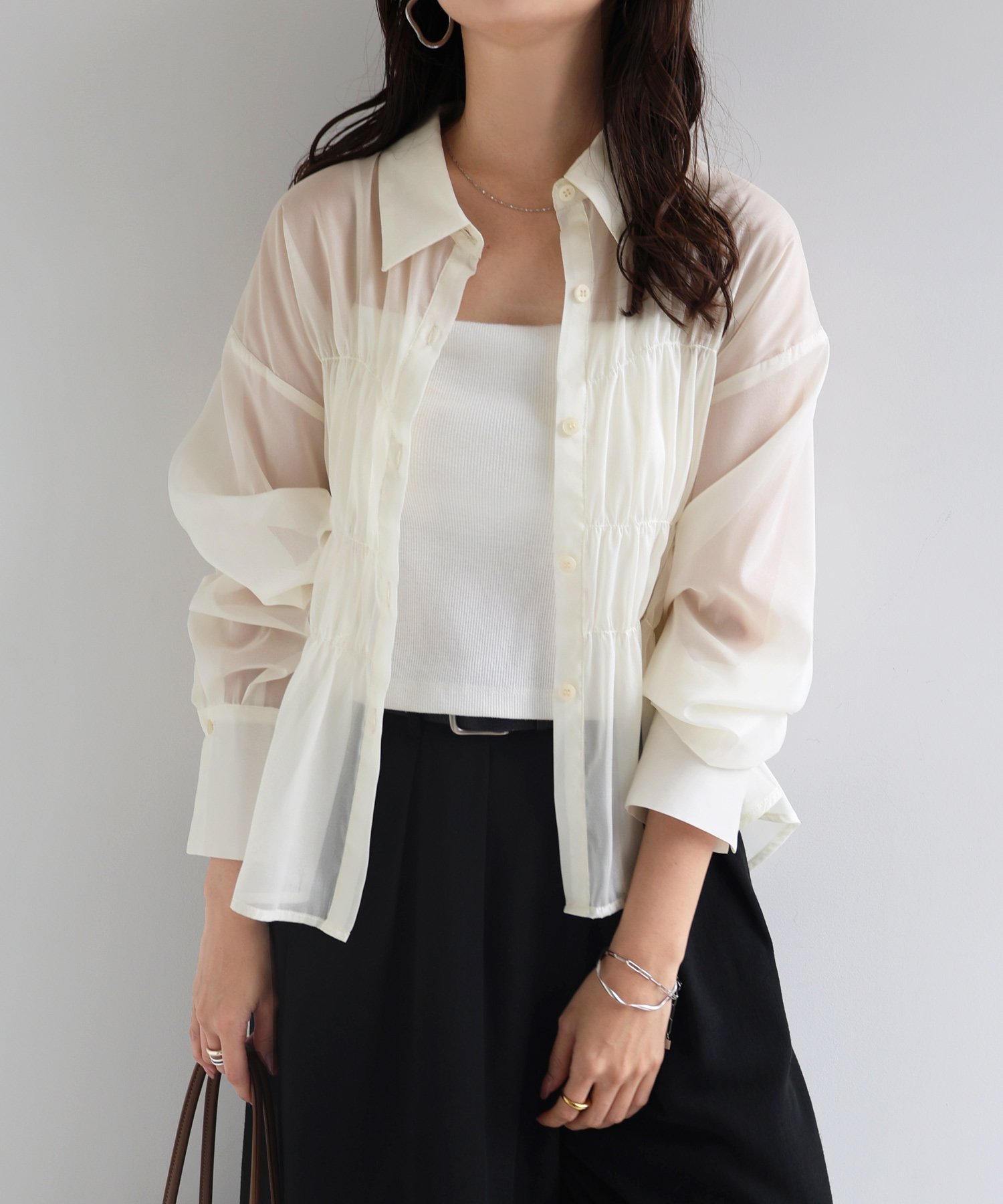 andme ビスチェ風 ラメ シアー ペプラム シャツ ブラウス アンドミー トップス シャツ・ブラウス グリ..