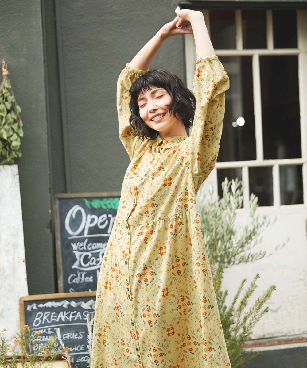 Jocomomola Palomas y flores プリントシャツワンピース ホコモモラ ワンピース・ドレス ワンピース イエロー ネイビー