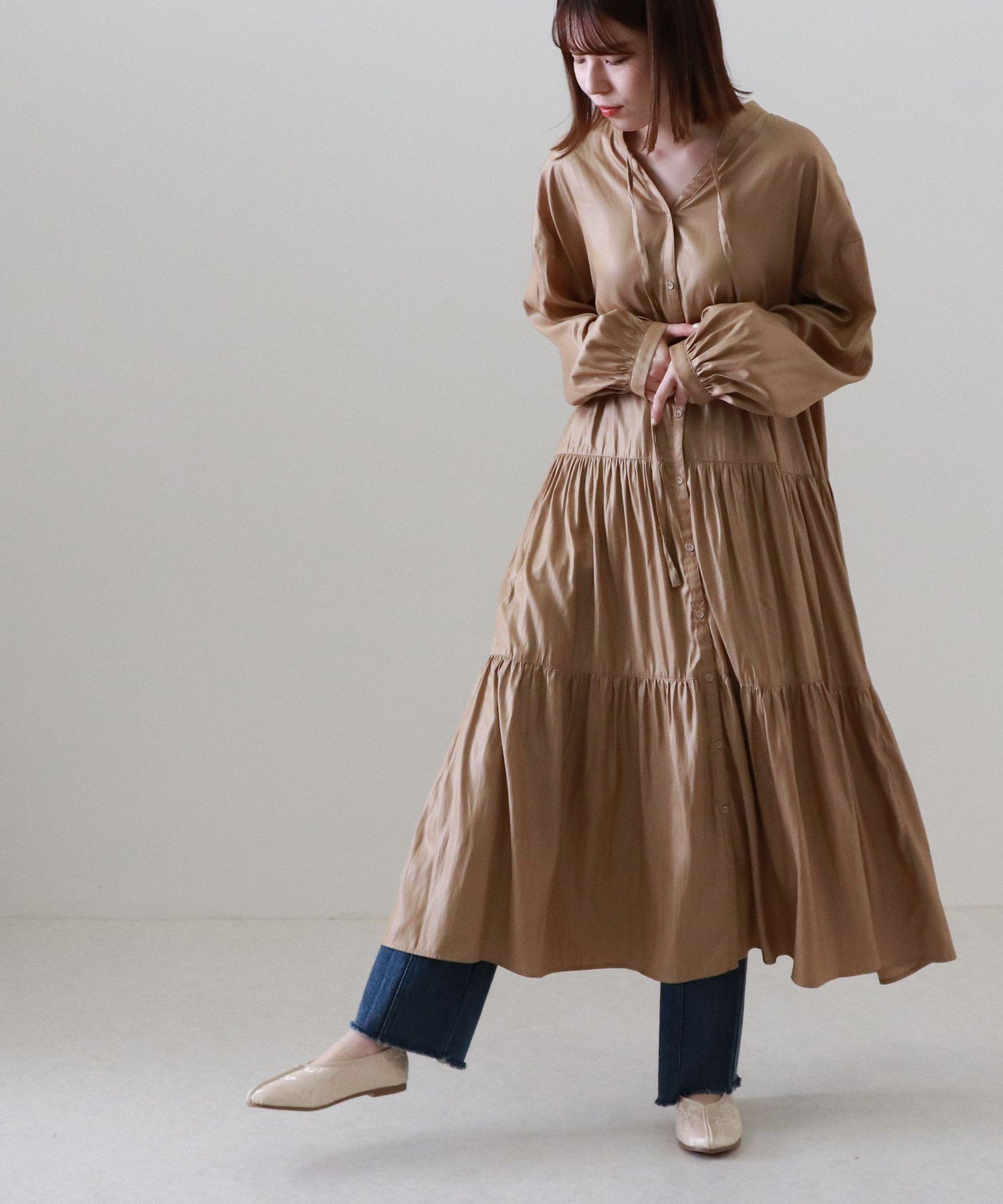 【SALE／62%OFF】cheek ダンガリーティアード2WAYワンピース チーク ワンピース・ドレス ワンピース ブラウン ブルー ベージュのサムネイル