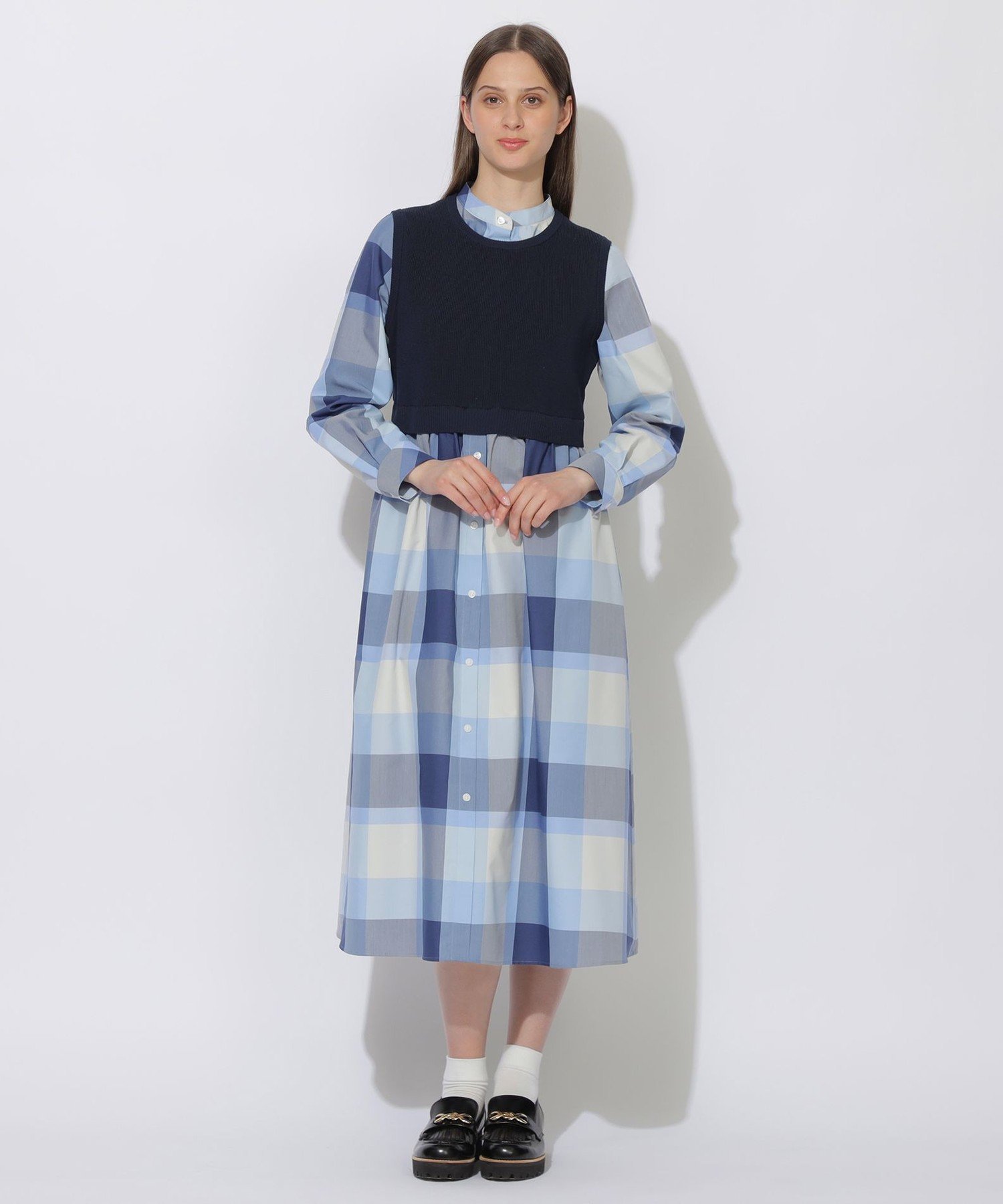 【SALE／21%OFF】BLUE LABEL CRESTBRIDGE 【WEB限定】クレストブリッジチェックニットコンビドレス ブルーレーベル / ブラックレーベル・クレストブリッジ ワンピース・ドレス ドレス ブルー パープル【送料無料】
