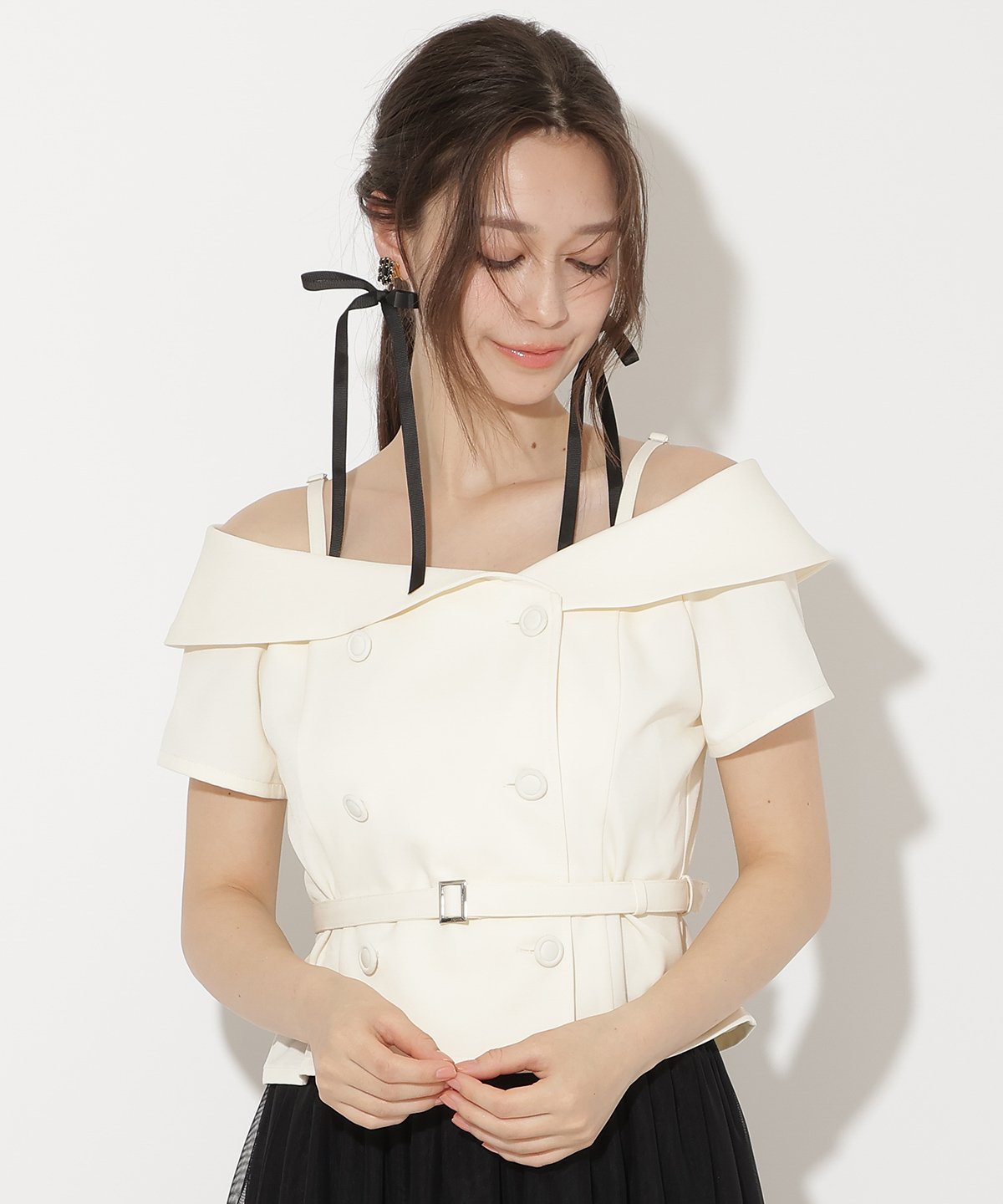WILLSELECTION ベルト付きオフショルブラウス ウィルセレクション トップス シャツ・ブラウス ブラック ホワイト パープル