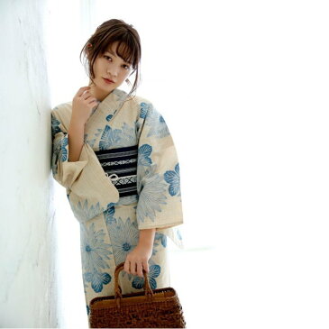 utatane utatane/(W)なないろ 高級変わり織り浴衣3点セット 手染め 注染 先染めベージュにブルーの菊 ウタタネ ビジネス/フォーマル 着物/浴衣 ベージュ【送料無料】