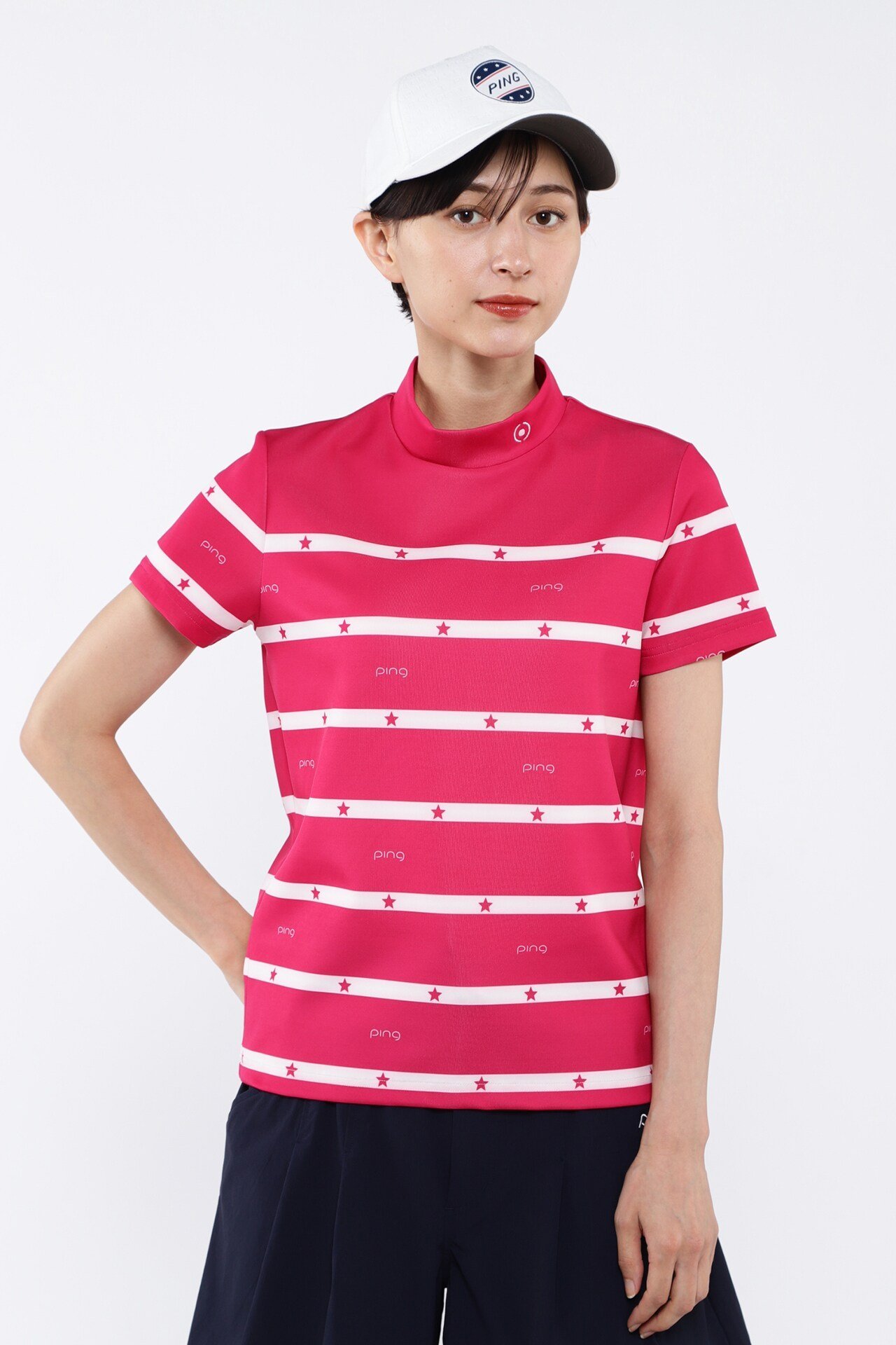 PING APPAREL 星柄ボーダーストレッチスムース半袖ハイネックカットソー ＜LADIES LINE＞ (LADIES) ピン アパレル トップス その他のトップス ホワイト ネイビー ピンク【送料無料】
