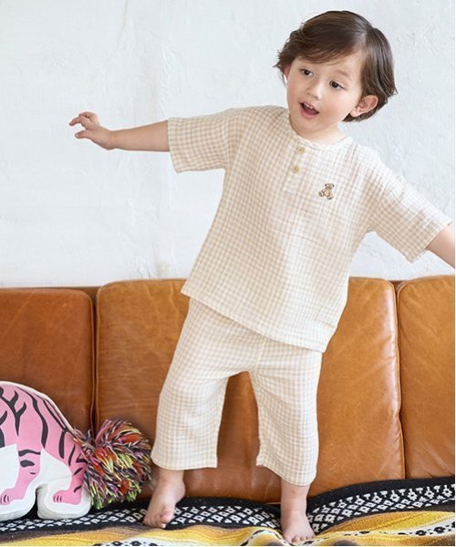 【SALE／50%OFF】petit main 【リンク】くま刺しゅうWガーゼパジャマ(キッズ) ナルミヤオンライン インナー・ルームウェア パジャマ ベージュ ブルーのサムネイル