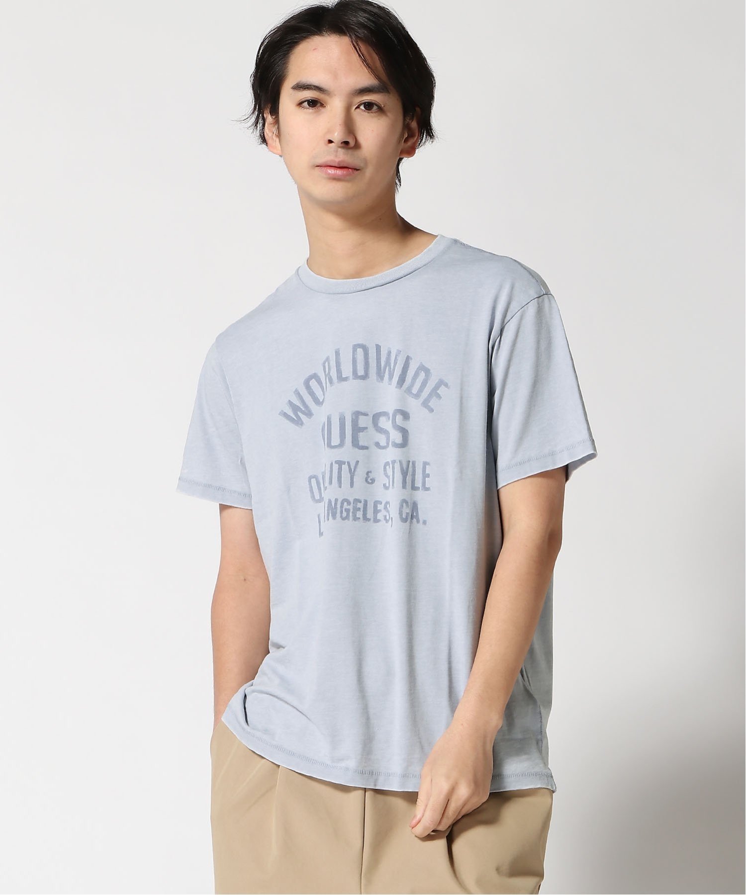 GUESS 半袖Tシャツ(M)SS Cn Worldwide Burnout Tee ゲス トップス カットソー・Tシャツ ベージュ ブルー ネイビー