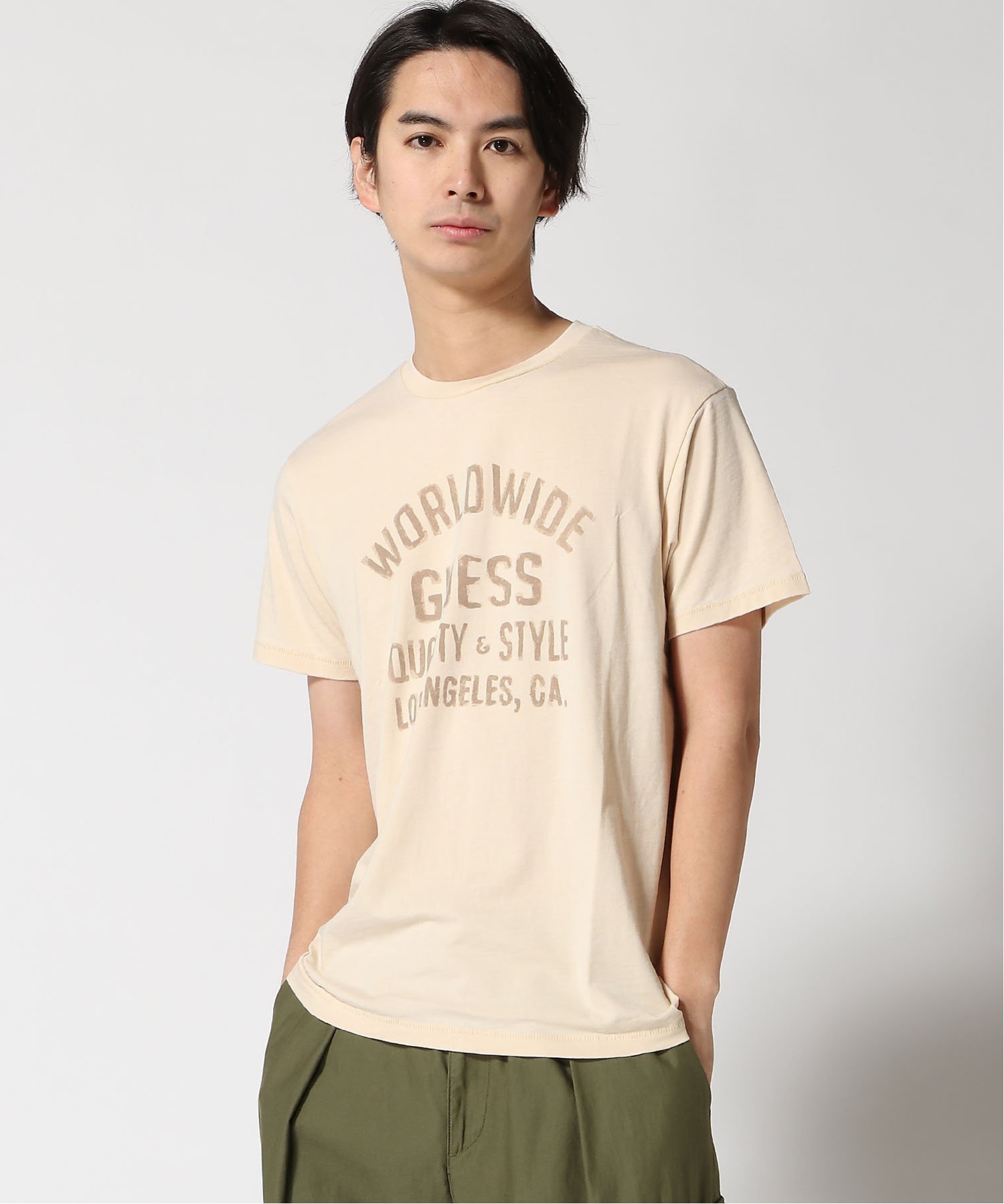GUESS 半袖Tシャツ(M)SS Cn Worldwide Burnout Tee ゲス トップス カットソー・Tシャツ ベージュ ブルー ネイビー