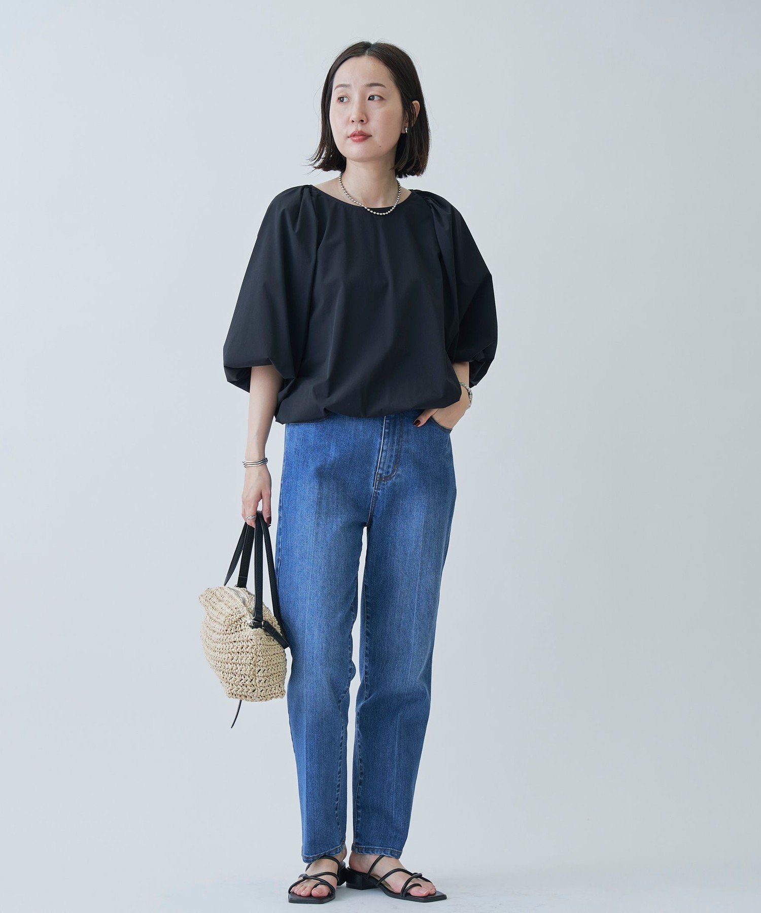 RONEL 【はっ水//防しわ/ストレッチ/接触冷感】ボーダレス バルーン ブラウス コーエン トップス シャツ・ブラウス ブラック グレー