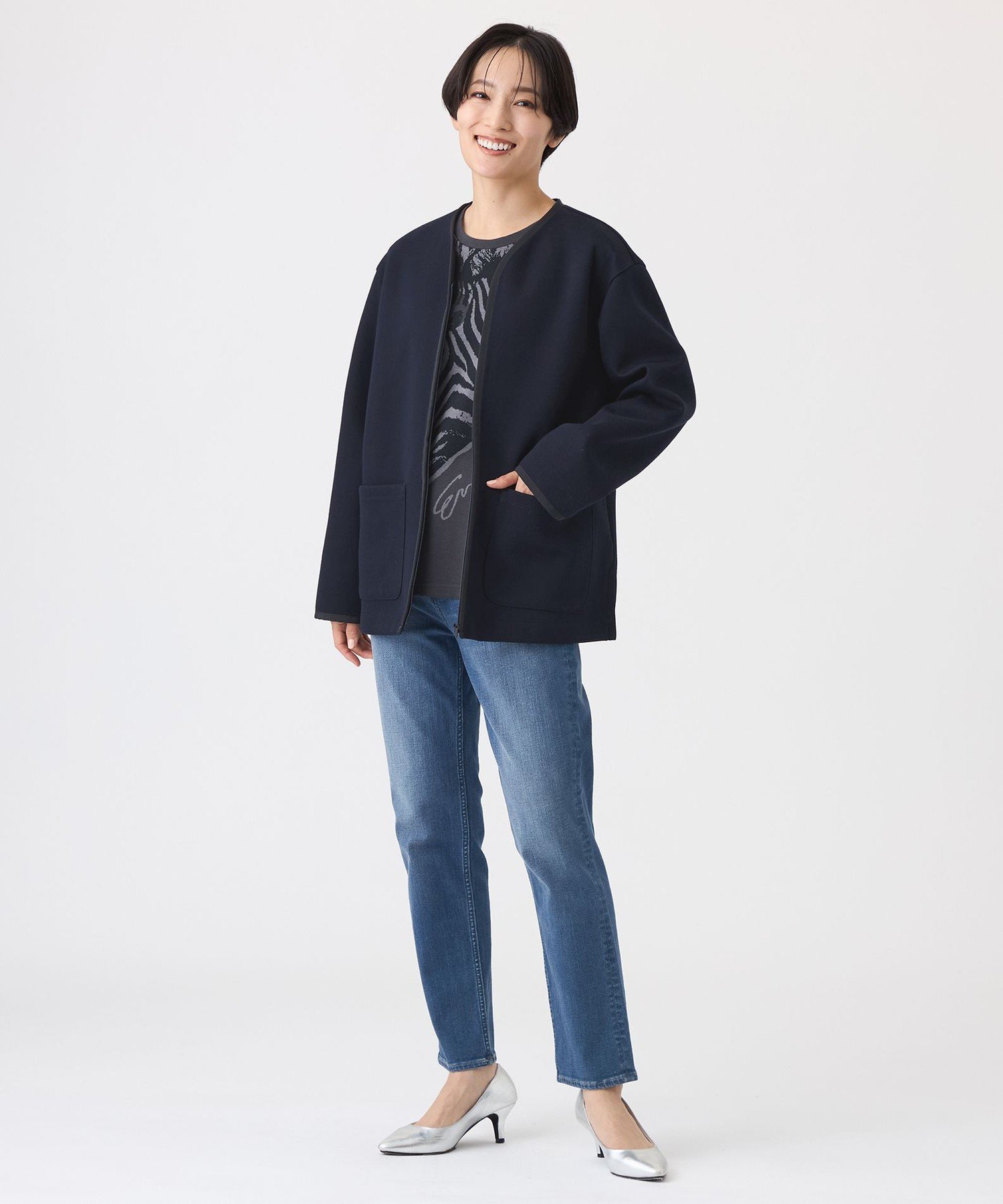 【マシンウォッシャブル】ゼブラプリントダンボールニットコーディガン エヴェックス バイ クリツィア ジャケット・アウター ノーカラージャケット ネイビー
