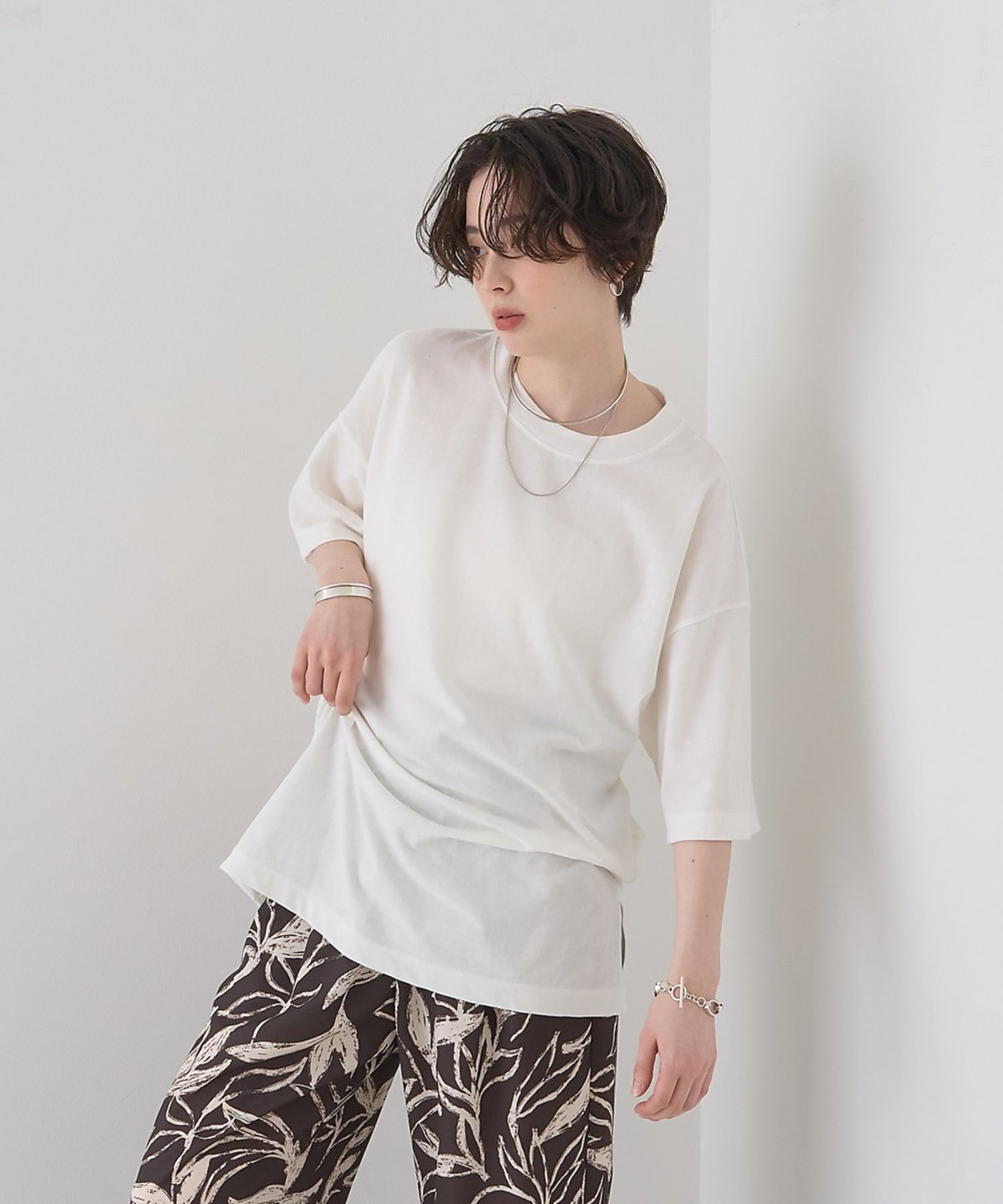 Rouge vif la cle コットンバックドレープTシャツ/セミロング丈 ルージュ・ヴィフ ラクレ トップス カットソー・Tシャツ ブラウン ホワイト