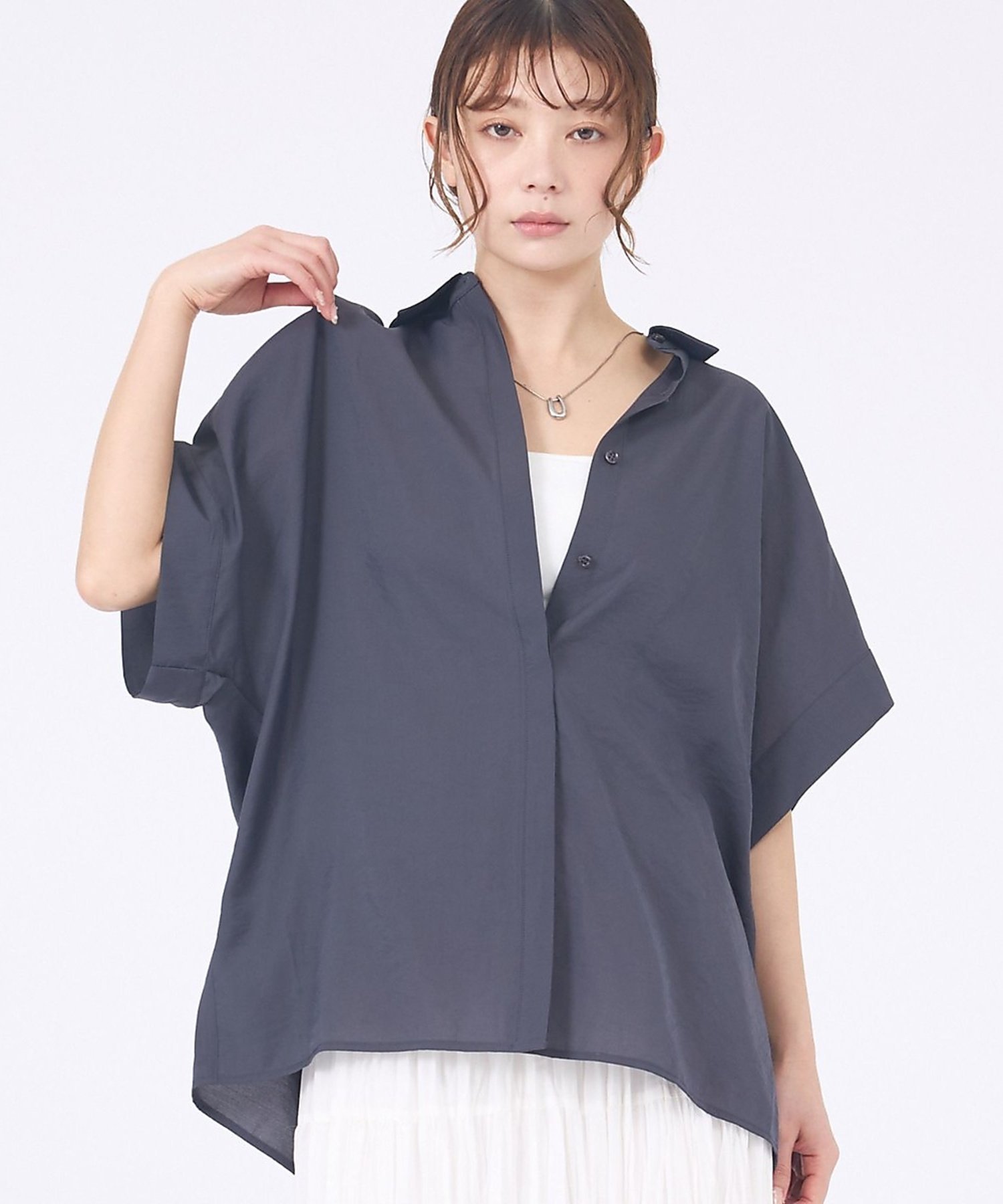 abahouse mavie 【着痩せシルエット】フレンチスリーブシャツ アバハウス マヴィ トップス シャツ・ブラウス ホワイト ブルー グレー【送料無料】