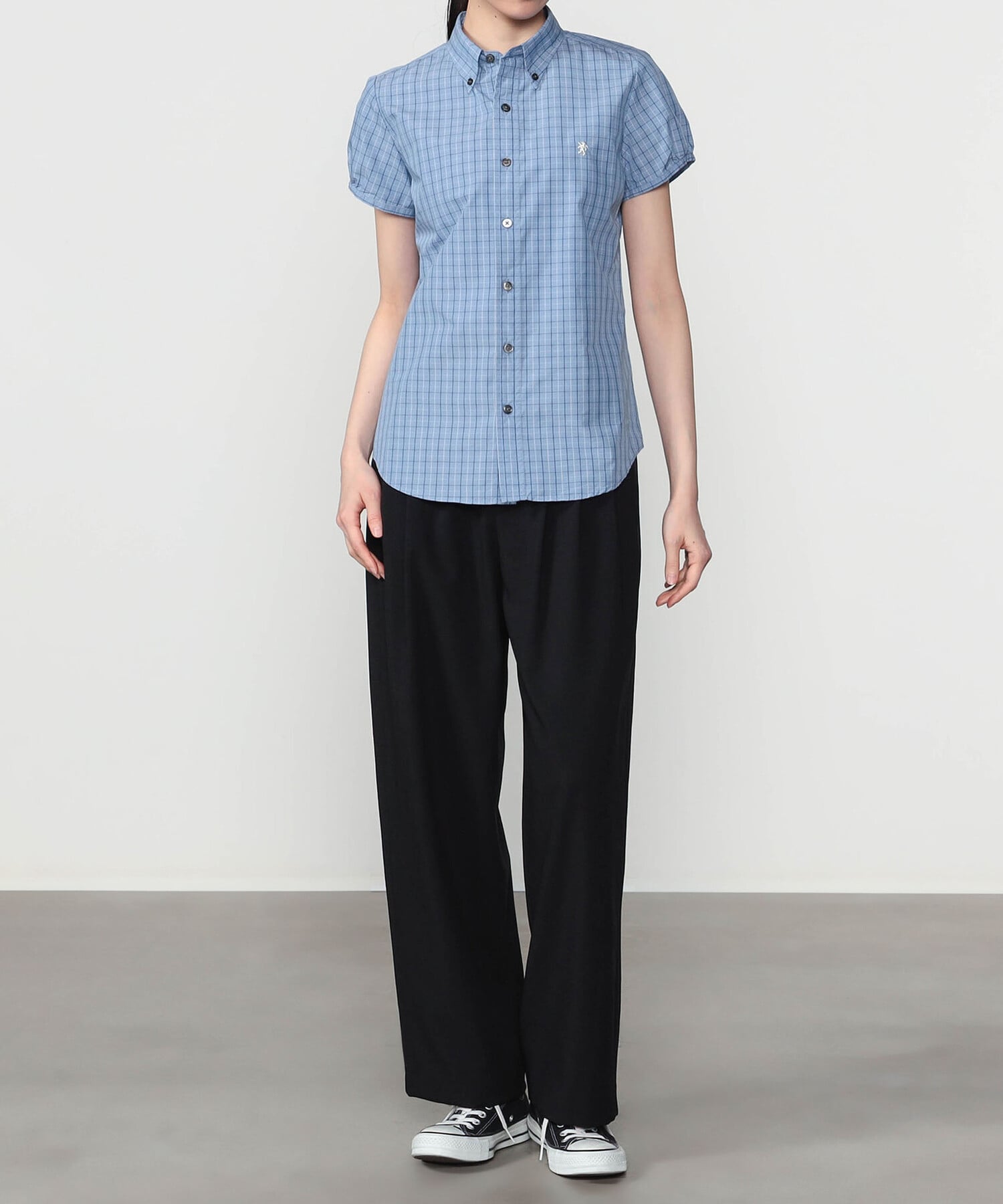 Bshop Gymphlex ｜ タイプライター フレンチスリーブシャツ CHECK WOMEN ビショップ トップス シャツ・ブラウス ブルー