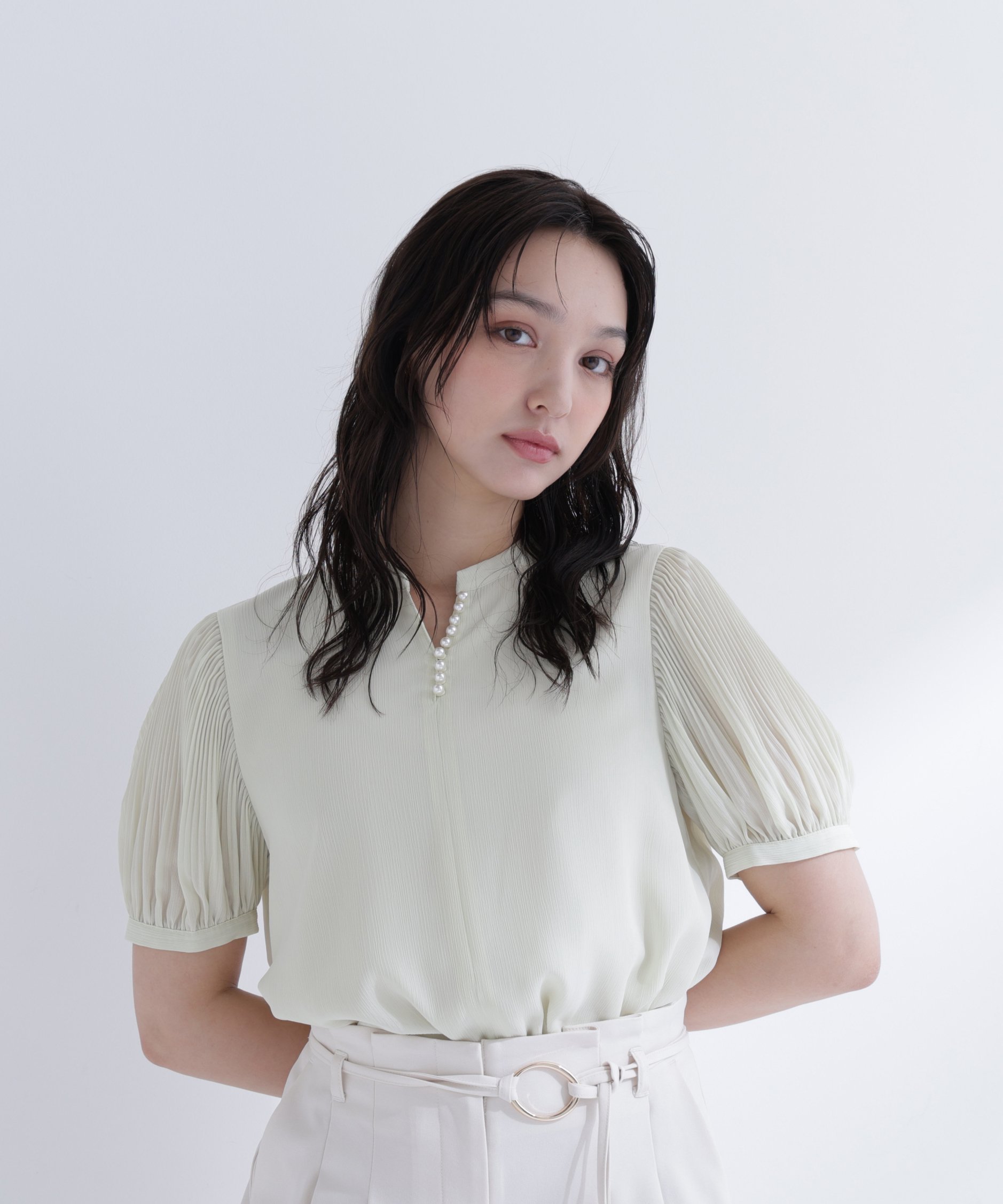 NATURAL BEAUTY BASIC ラインパール楊柳ブラウス ナチュラルビューティベーシック トップス シャツ・ブラウス ネイビー グリーン ホワイト