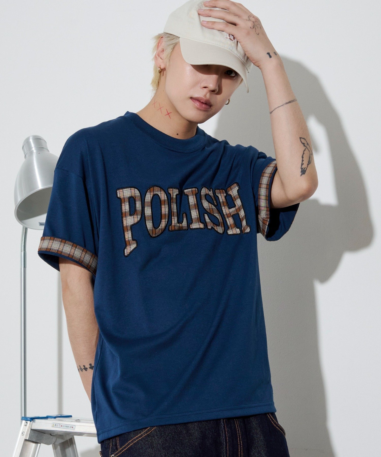 WEGO MEN'S チェックディテールロゴT(SS) ウィゴー トップス カットソー・Tシャツ ネイビー ホワイト ブラック
