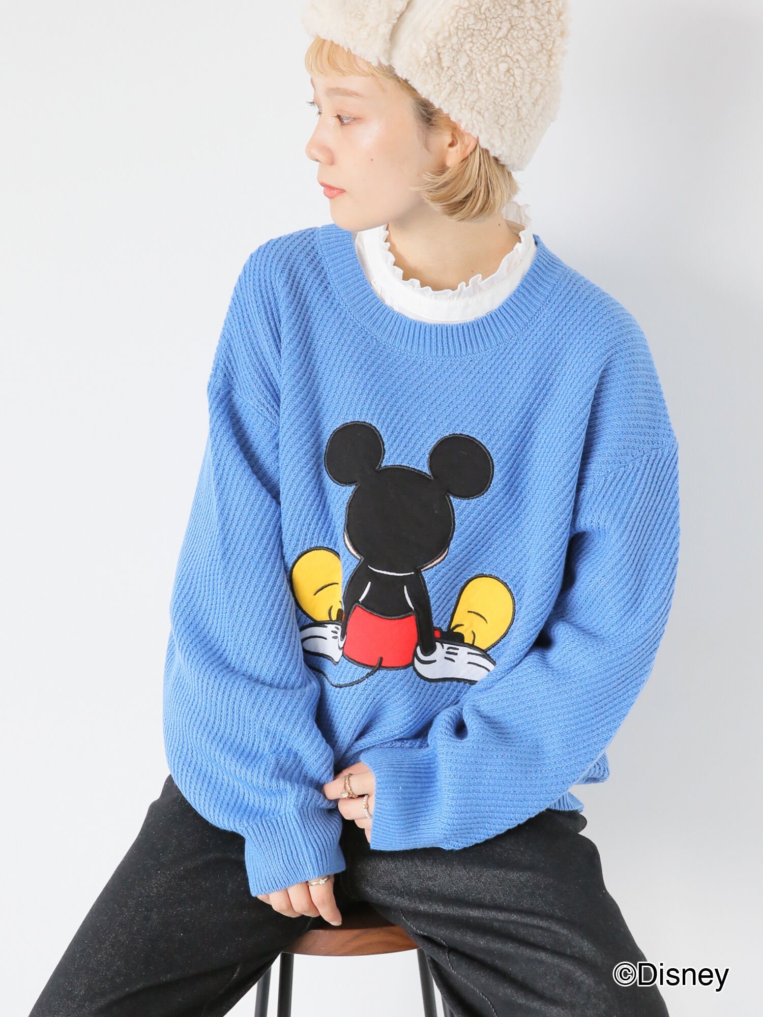 ehka sopo 【Disney】ミッキー/アップリケ刺繍ニット エヘカソポ トップス ニット ブルー ホワイト【送料無料】のサムネイル