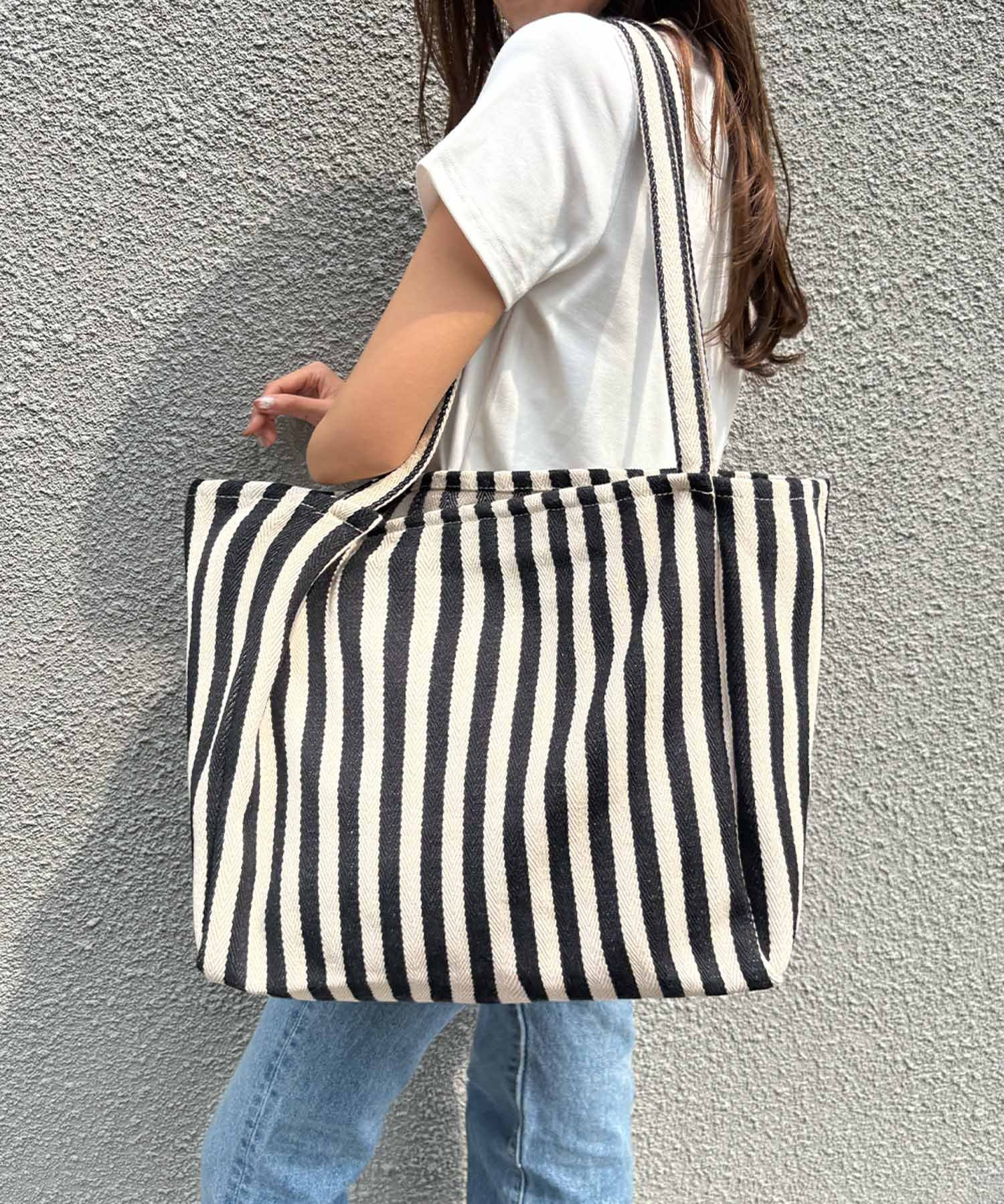 LOWO ストライプスクエアビッグトートバッグ ガール バッグ トートバッグ レッド ブルー ブラック