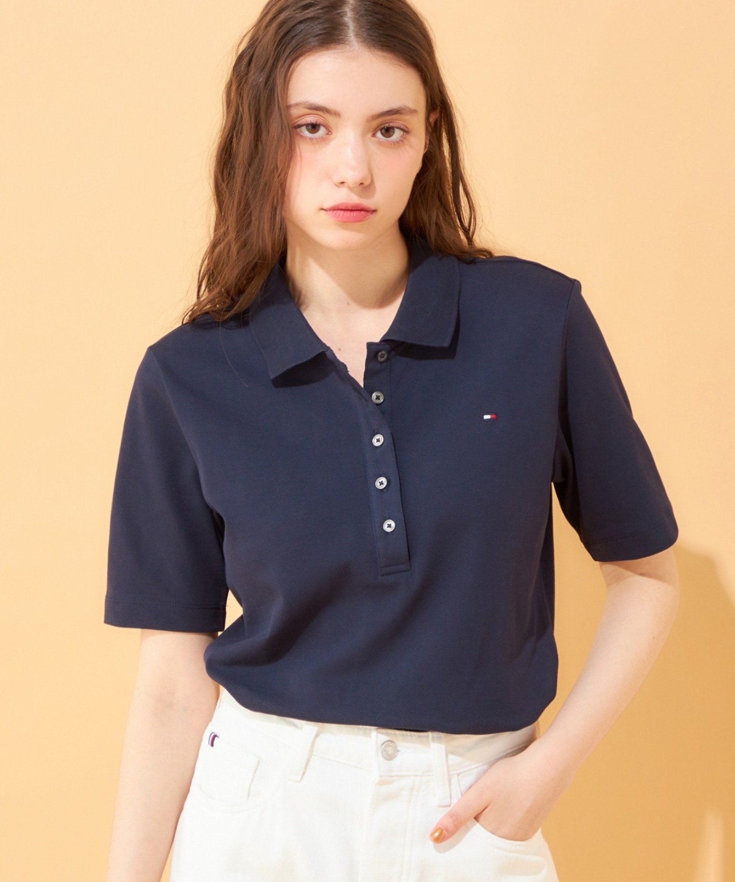 TOMMY HILFIGER (W)TOMMY HILFIGER(トミーヒルフィガー) レギュラーカラーピケショートスリーブポロシャツ トミーヒルフィガー トップス ポロシャツ ネイビー ホワイト