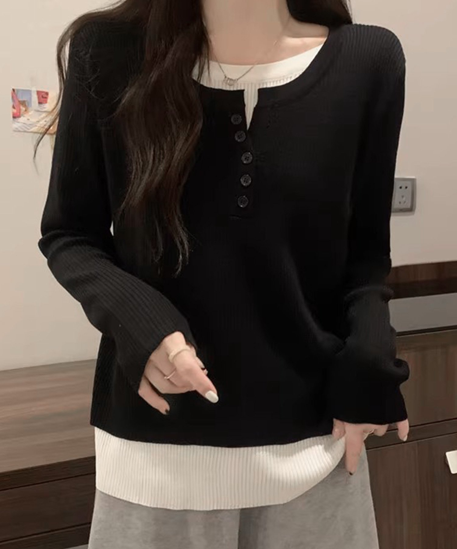 【Dewlily】レイヤード風ドッキングシャツ アミュレット トップス シャツ・ブラウス グレー ブラック