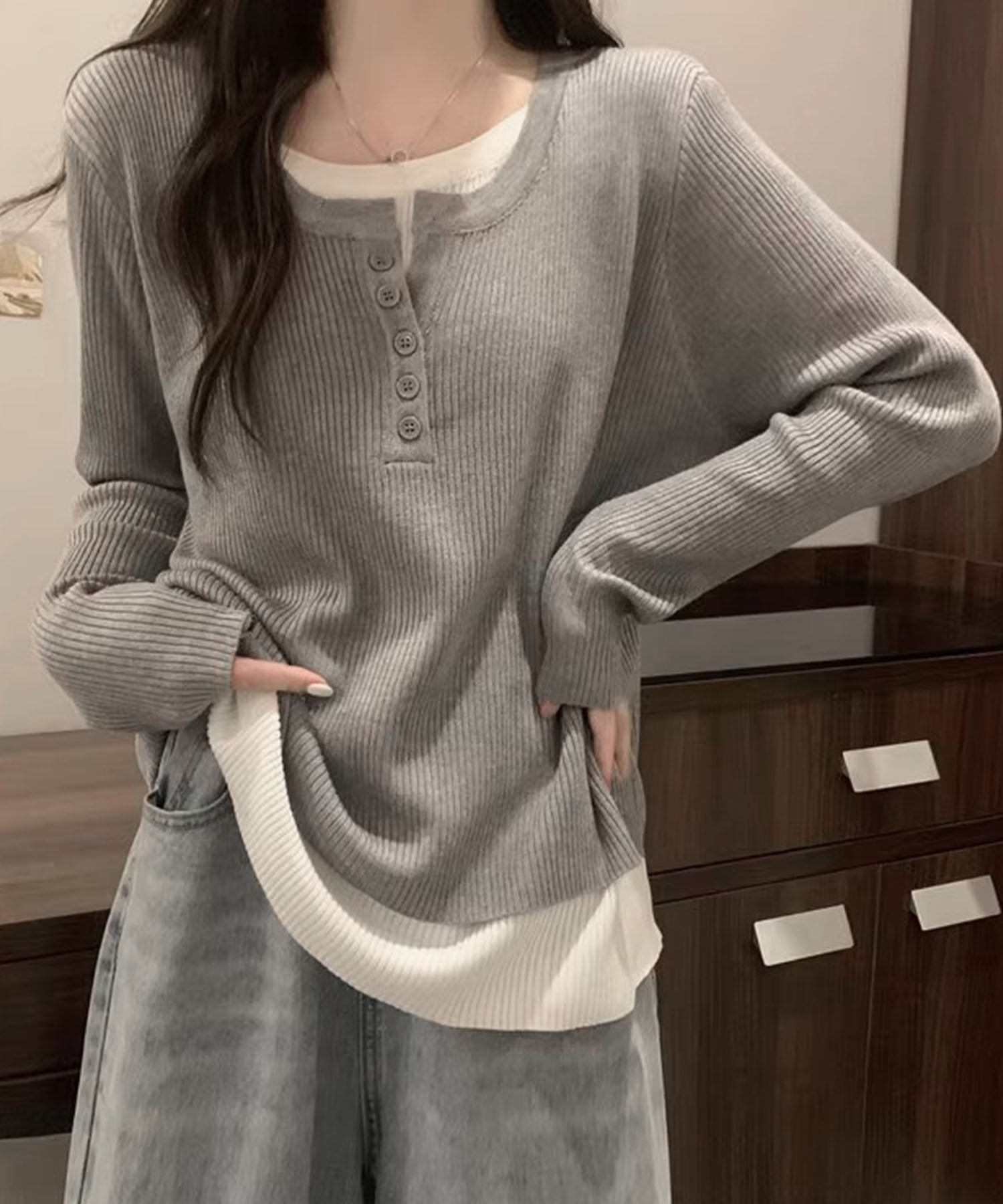 【Dewlily】レイヤード風ドッキングシャツ アミュレット トップス シャツ・ブラウス グレー ブラック