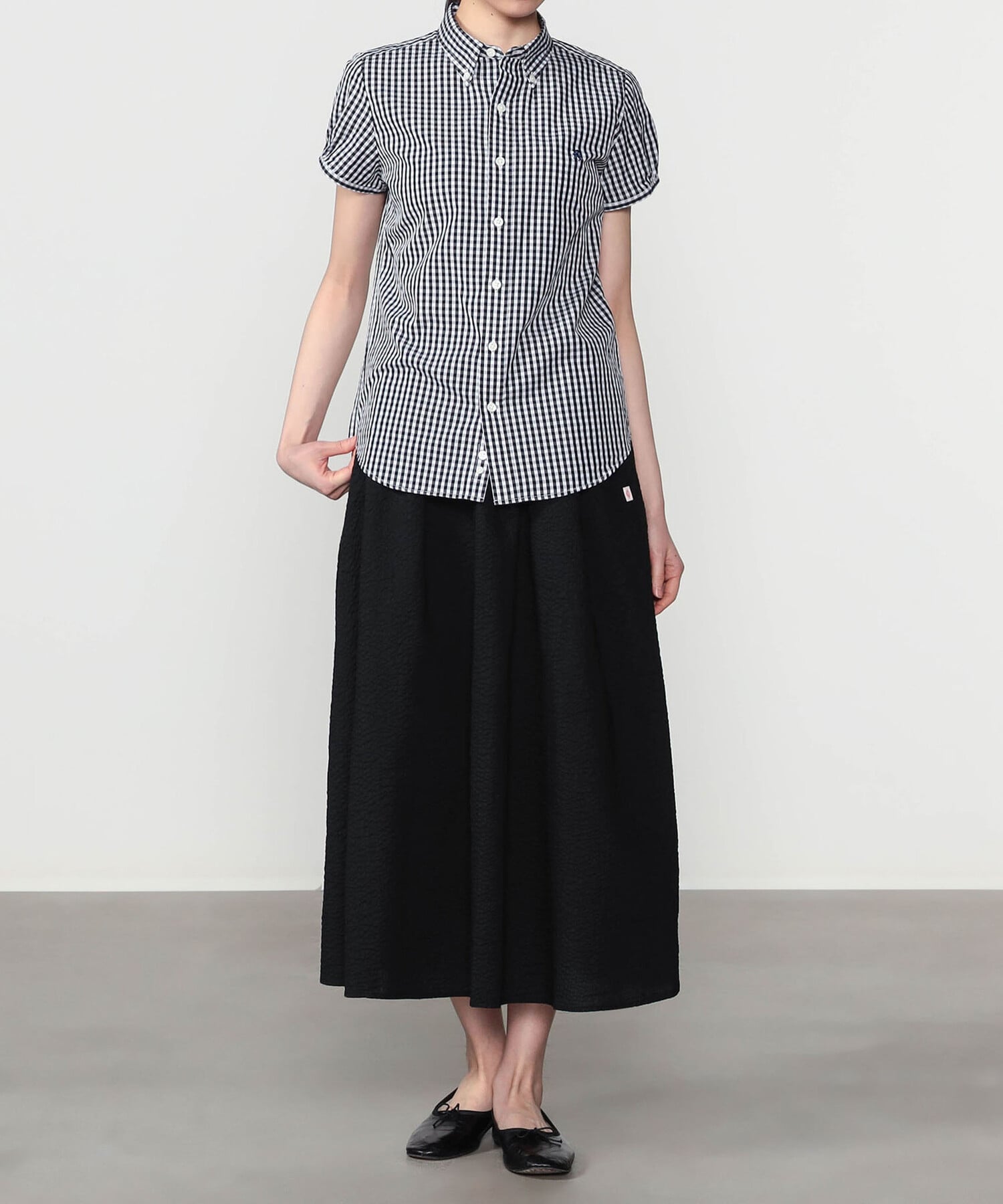 Bshop Gymphlex ｜ コットン フレンチスリーブシャツ GINGHAM WOMEN ビショップ トップス シャツ・ブラウス ブラック