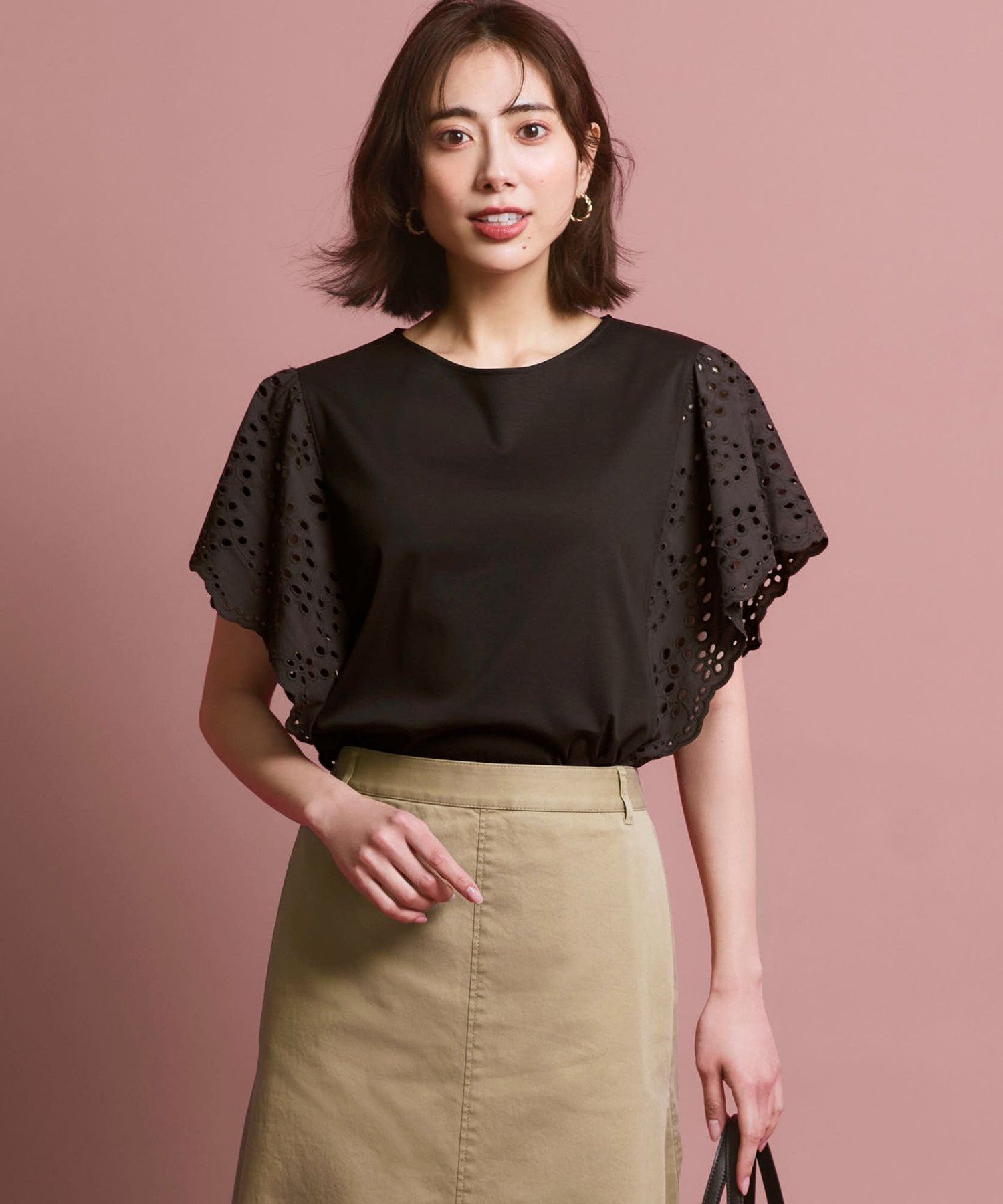 23区 S カットワークエンブロイダリー デザインスリーブ トップス ニジュウサンク トップス カットソー・Tシャツ ブラウン ブラック ホワイト
