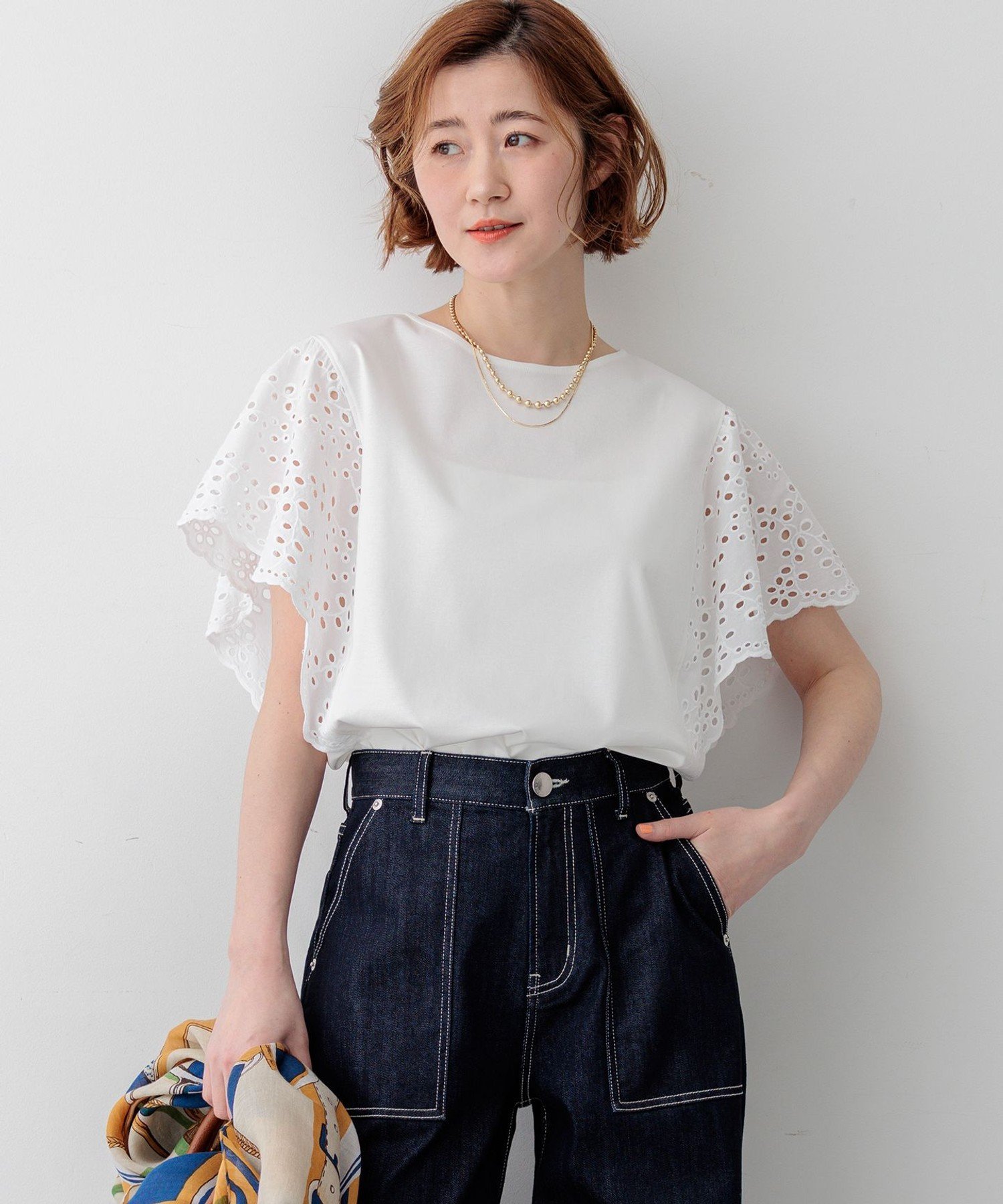 23区 S カットワークエンブロイダリー デザインスリーブ トップス ニジュウサンク トップス カットソー・Tシャツ ブラウン ブラック ホワイト