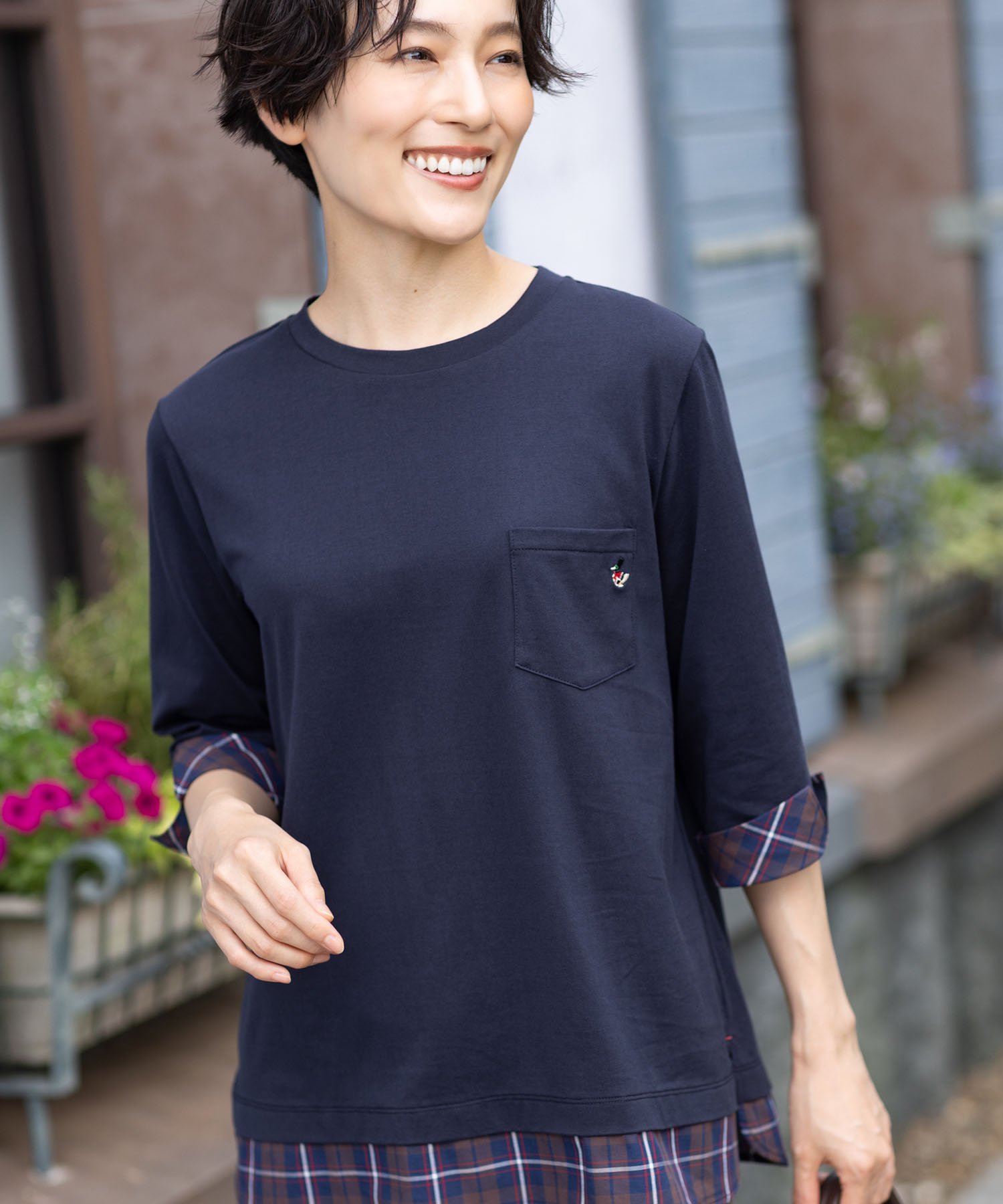 【chiyoさんコラボ】ロンドンマーチチェックドッキング7分袖プルオーバー【オーガニックコットンブレンド】 デコイシンス1981 トップス カットソー・Tシャツ レッド ネイビー
