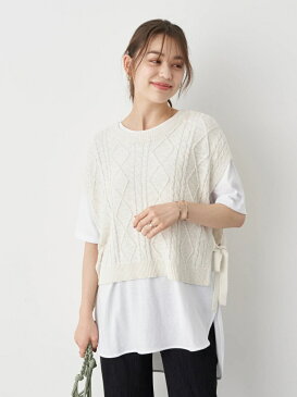 earth music&ecology Natural Label SET2点スラブケーブルベスト+カットチュニック アースミュージック&エコロジー ニット 長袖ニット ホワイト グレー ベージュ グリーン