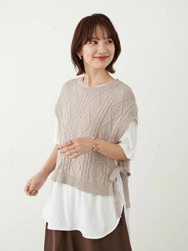 earth music&ecology Natural Label SET2点スラブケーブルベスト+カットチュニック アースミュージック&エコロジー ニット 長袖ニット ホワイト グレー ベージュ グリーン