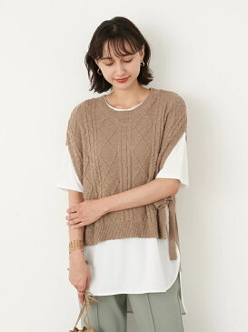 earth music&ecology Natural Label SET2点スラブケーブルベスト+カットチュニック アースミュージック&エコロジー ニット 長袖ニット ホワイト グレー ベージュ グリーン
