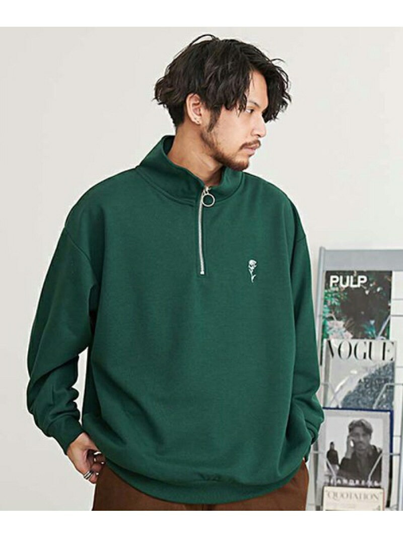 CavariA ワンポイント刺繍スタンドハーフジップ トレーナー シルバーバレット トップス スウェット・トレーナー グリーン ホワイト ブラック グレー