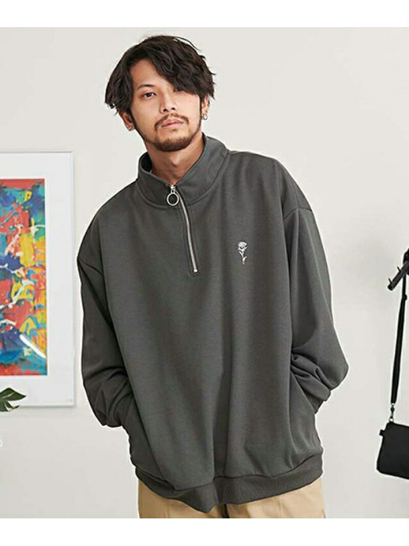 CavariA ワンポイント刺繍スタンドハーフジップ トレーナー シルバーバレット トップス スウェット・トレーナー グリーン ホワイト ブラック グレー