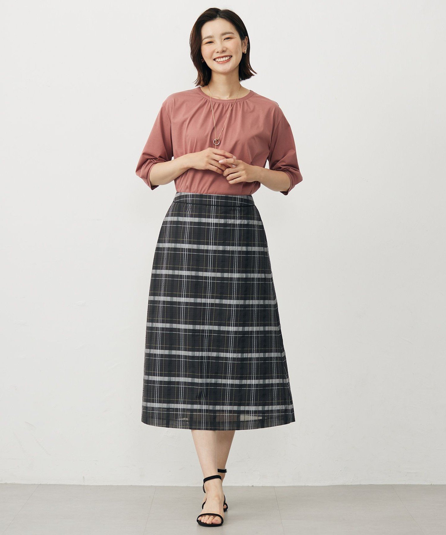 J.PRESS 【洗える】シアーチェック スカート ジェイプレス スカート ロング・マキシスカート ブラック ブラウン