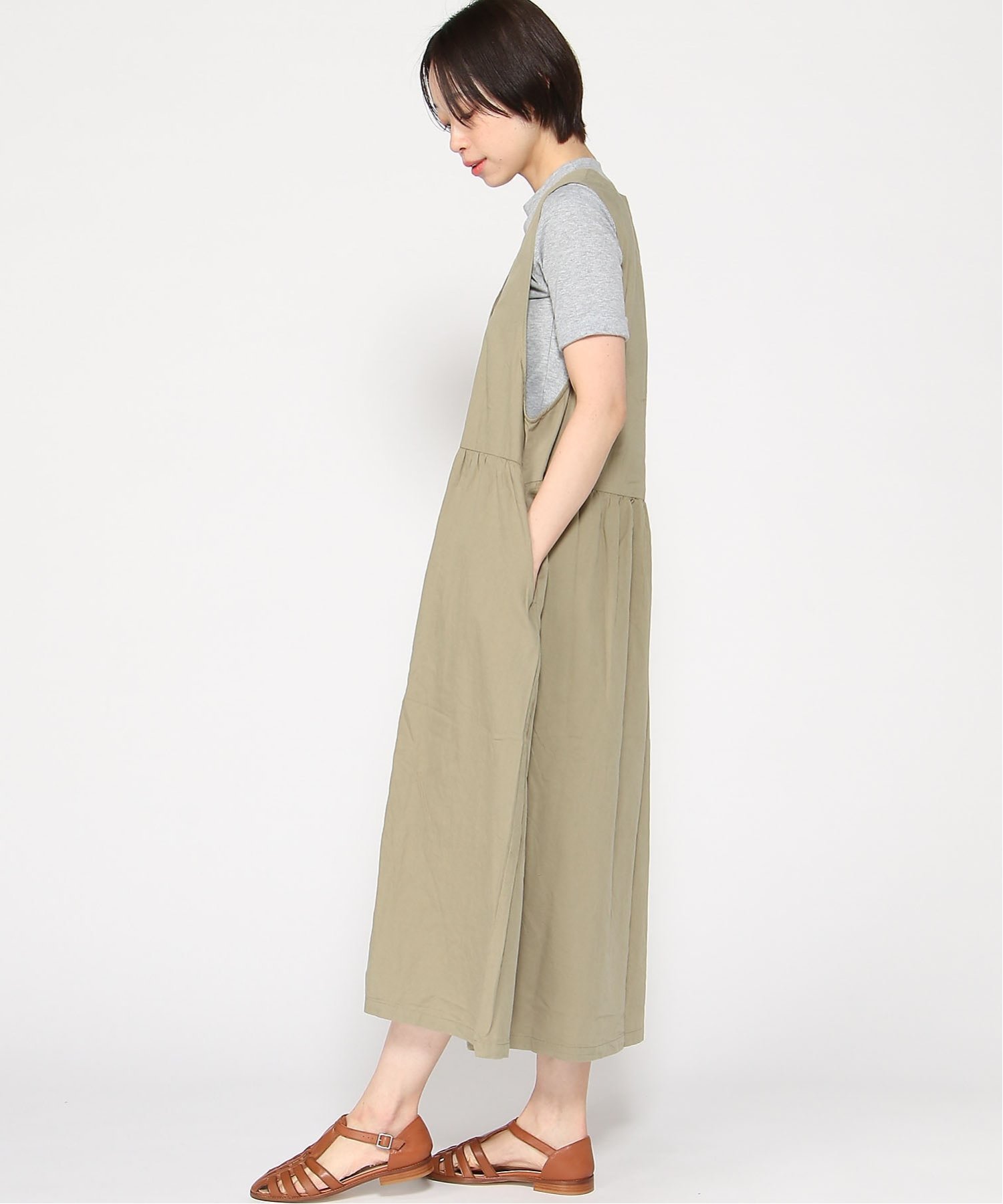 cloudnine cloudnine/ロングジャンスカ Aライン 軽量デニム ワンピース 体型カバー クラウドナイン ワンピース・ドレス ワンピース カーキグリーン【送料無料】