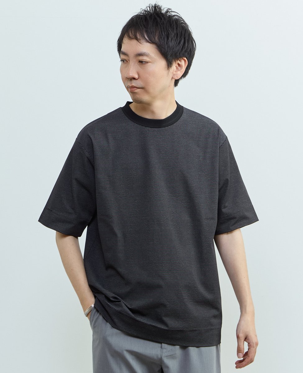 MEN'S MELROSE マイクロボーダークルーネックTシャツ ｜ 吸水速乾 / 軽量 / UVカット メンズメルローズ トップス カットソー・Tシャツ ブラック ブラウン ホワイト
