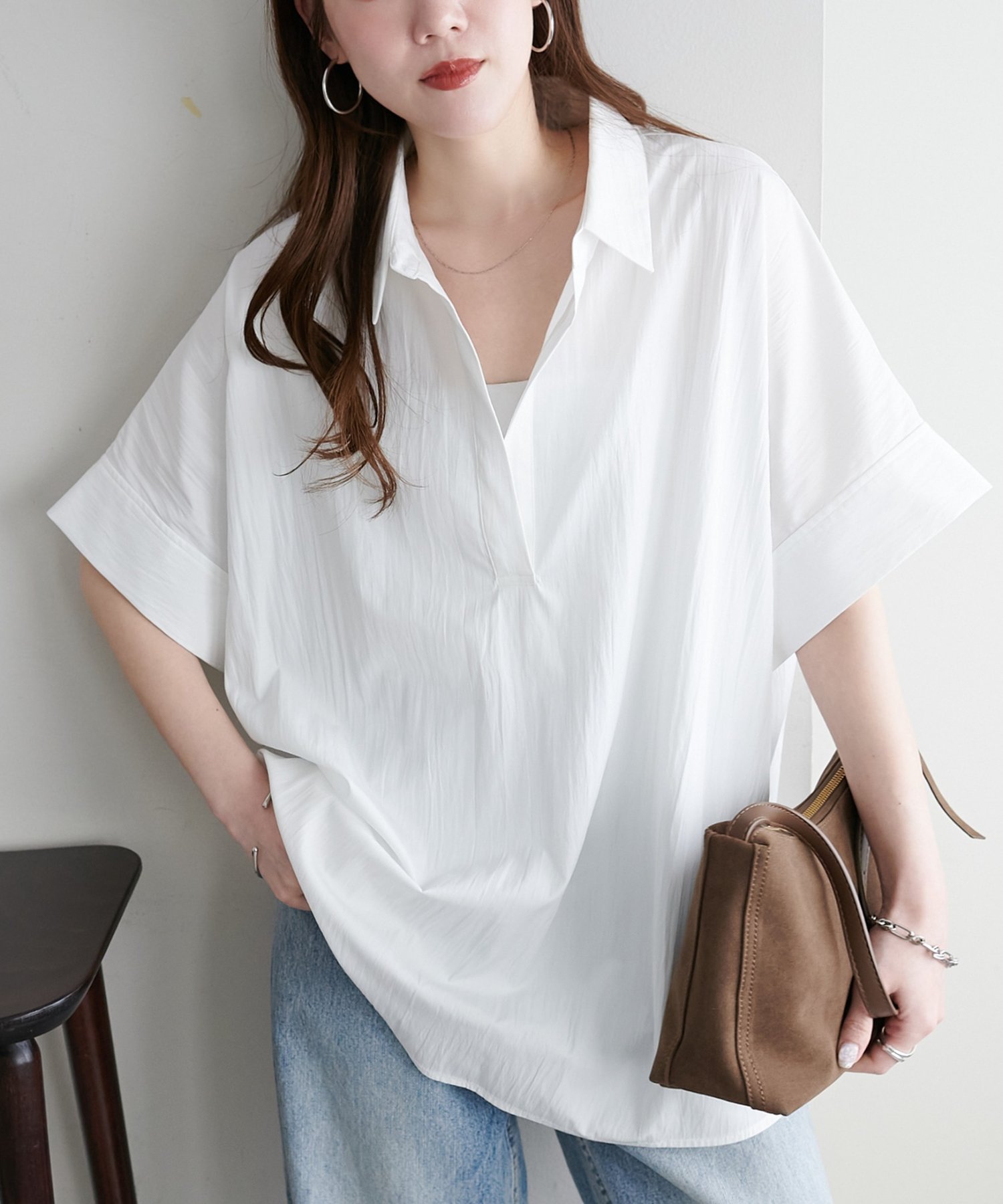 Discoat 【Noka】衿付きスキッパー半袖シャツ ディスコート トップス シャツ・ブラウス ネイビー ブルー ベージュ ホワイト【送料無料】